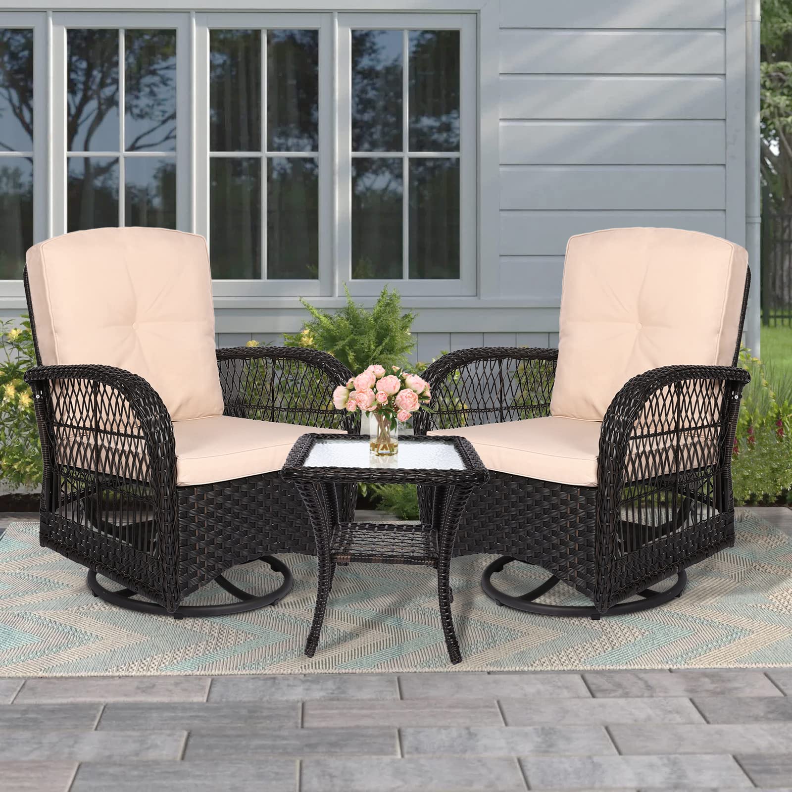 MEETWARM 3-Piece Outdoor Wicker Swivel Rocking Chair Set with Thickened Cushions & Glass-Top Coffee Table - Patio Furniture Conversation Set for Porch, Garden, Backyard (Dark Brown) | Perfect for Relaxing, Entertaining & Outdoor Lounging