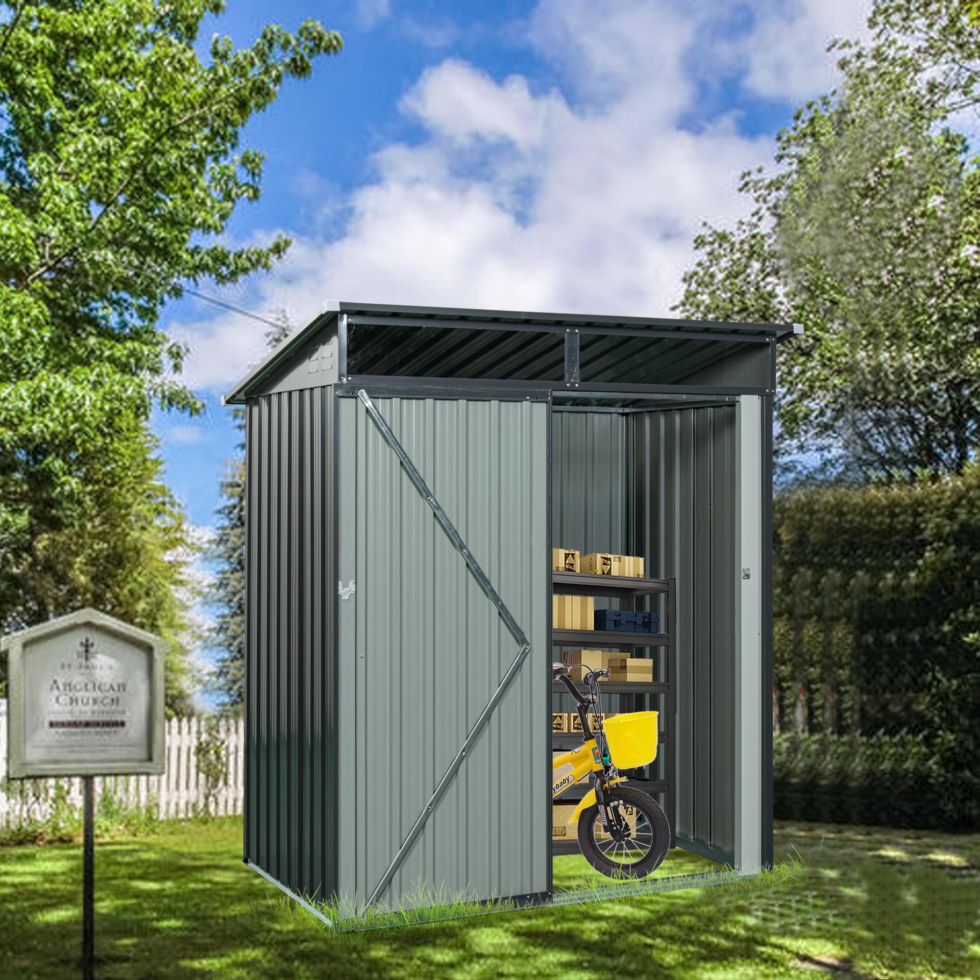 5x3ft Galvanized Steel Outdoor Storage Shed - Lockable Metal Garden Shed for Garbage Cans, Tools & Lawn Equipment | Weather-Resistant Backyard, Patio & Garage Storage Solution (Gray)