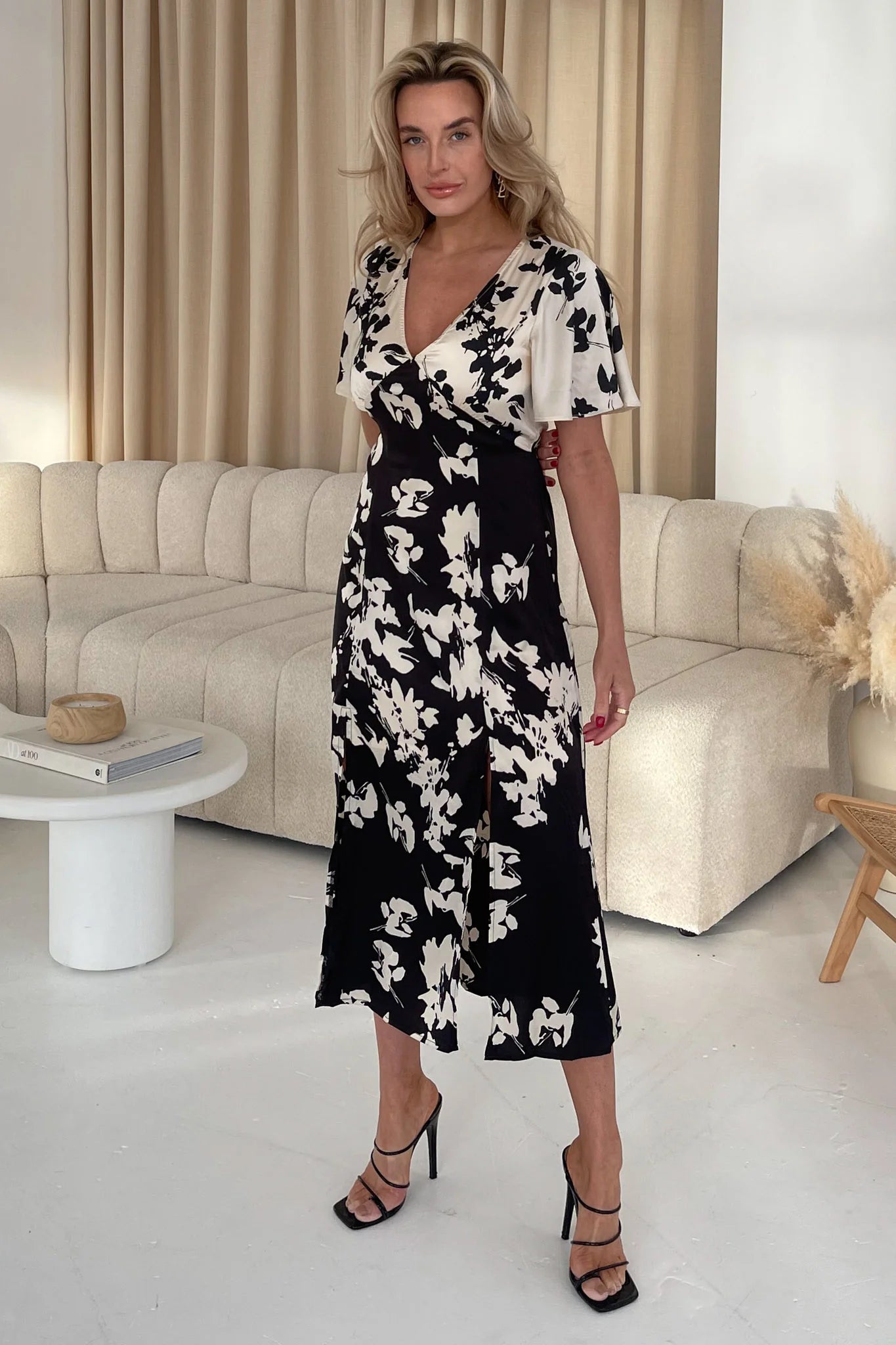 LEVI ANGEL SLEEVE SPLIT LEG MIDI DRESS - Monochrome Black & White Floral Print Women's Summer Dress for Casual Wear, Date Night & Beach Vacation