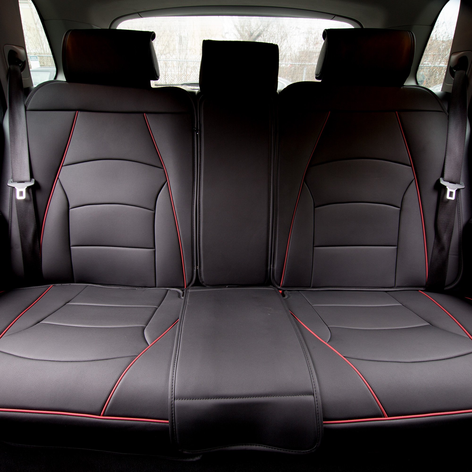Premium FH Group Faux Leather Back Seat Cover - Universal Fit for SUV, Sedan, Van - Black with Red Trim - Split Bench Design - Comfortable & Durable Car Seat Protector - Perfect for Family Road Trips, Daily Commute & Pet Protection