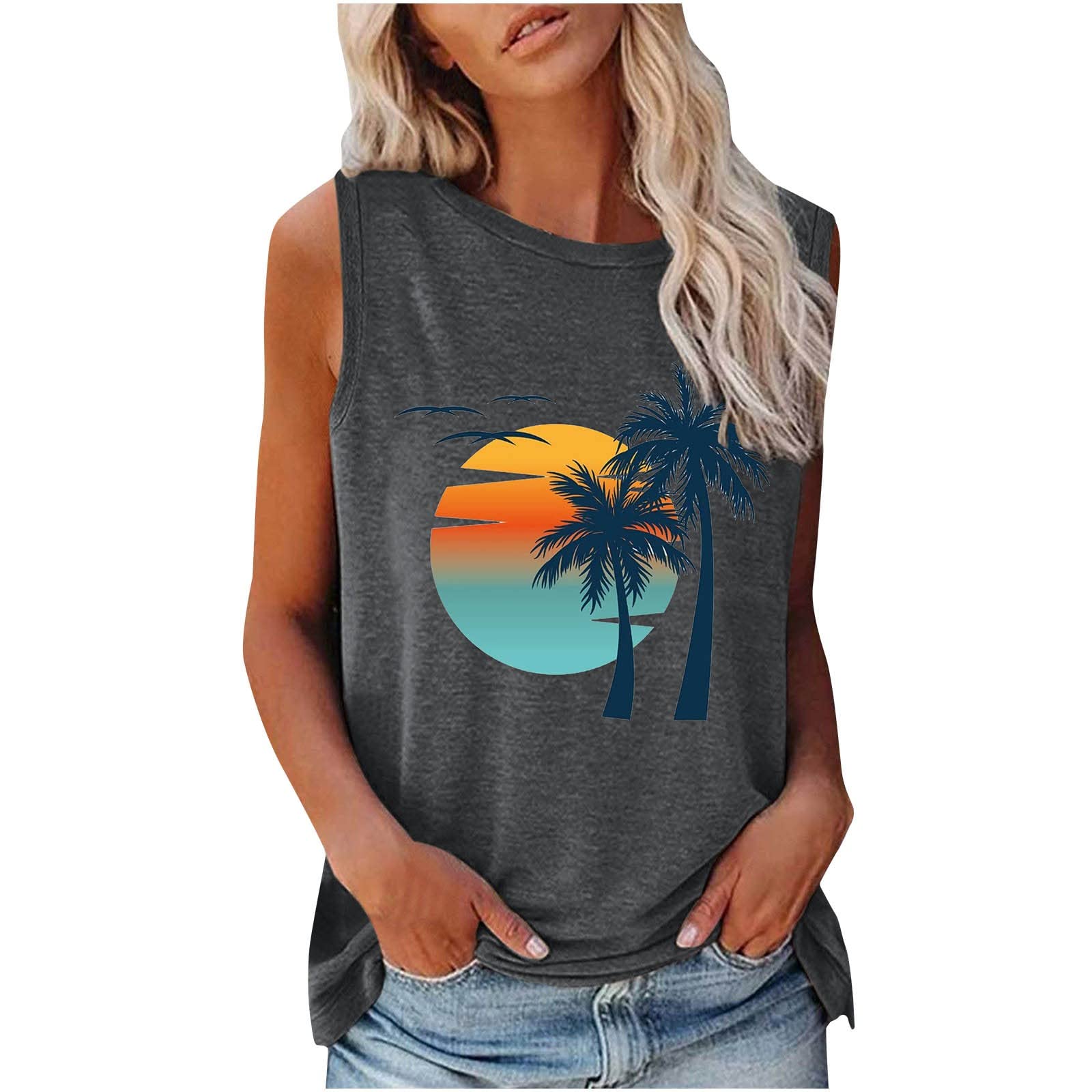 Women's Fashion Graphic Printed Tee Shirts - Solid Color Round Neck Loose Fit Sleeveless Pullover Tunic Tops for Casual Wear, Summer Outfits & Street Style