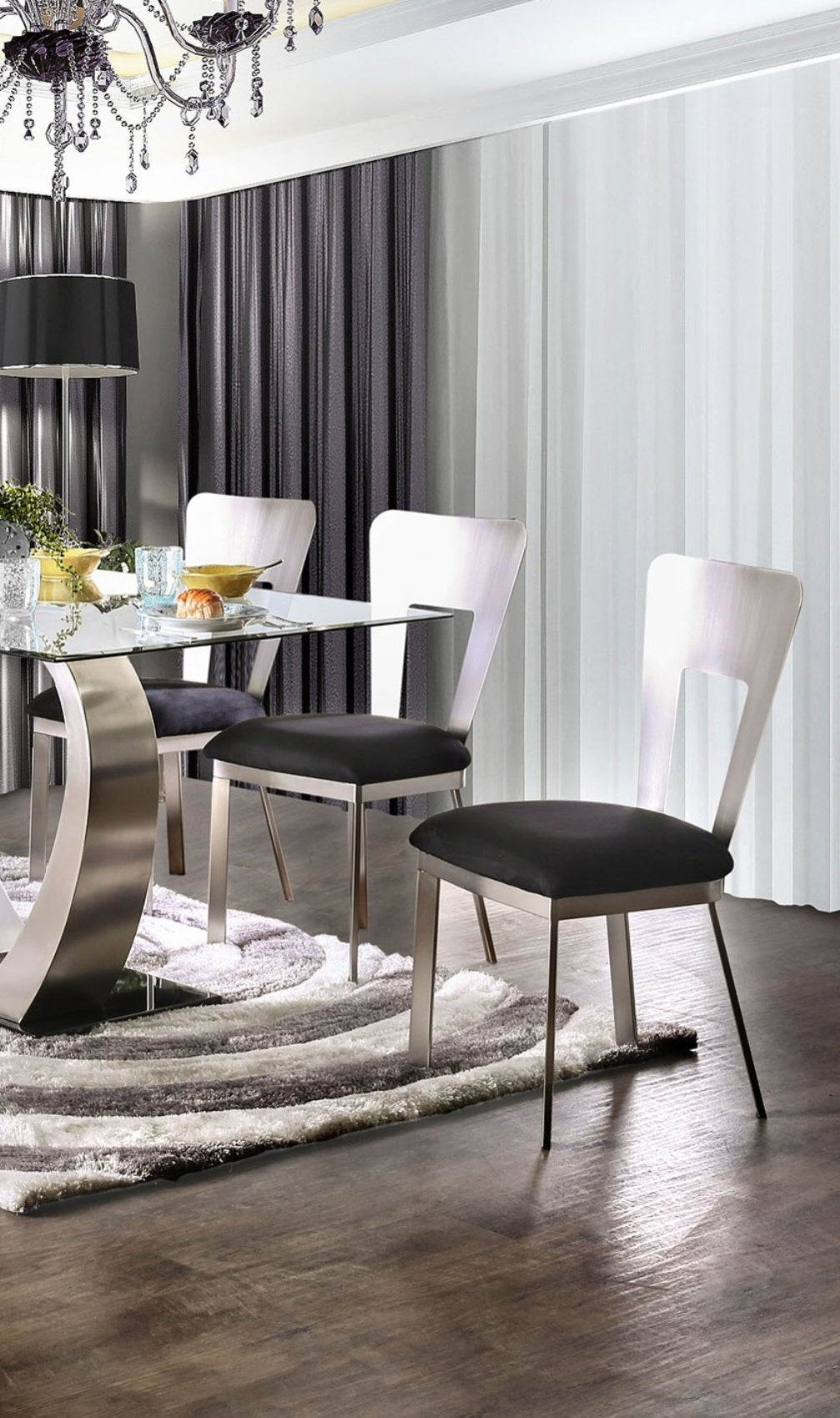 Modern Silver Metal 2-Piece Dining Chair Set with Black Microfiber Upholstery - Keyhole Back Design & Satin Powder Coating - Perfect for Kitchen, Dining Room, or Breakfast Nook Seating