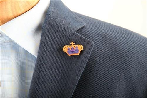Elegant Crown Lapel Pin - Tiqui Orange & Buster Purple for Formal Events, Weddings & Business Attire