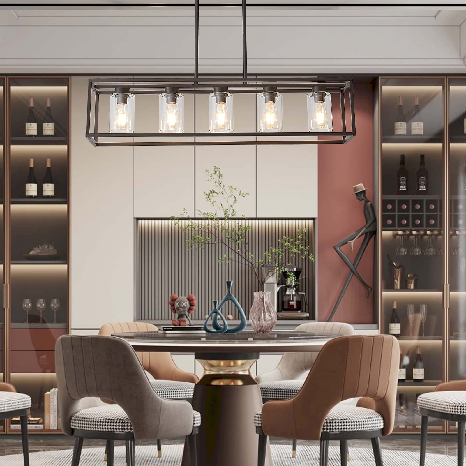 XILICON Oil Rubbed Bronze Farmhouse Chandelier - 5 Light Kitchen Island Pendant Lighting with Glass Shade - Rustic Dining Room Ceiling Fixture for Farmhouse, Kitchen, and Dining Room Decor