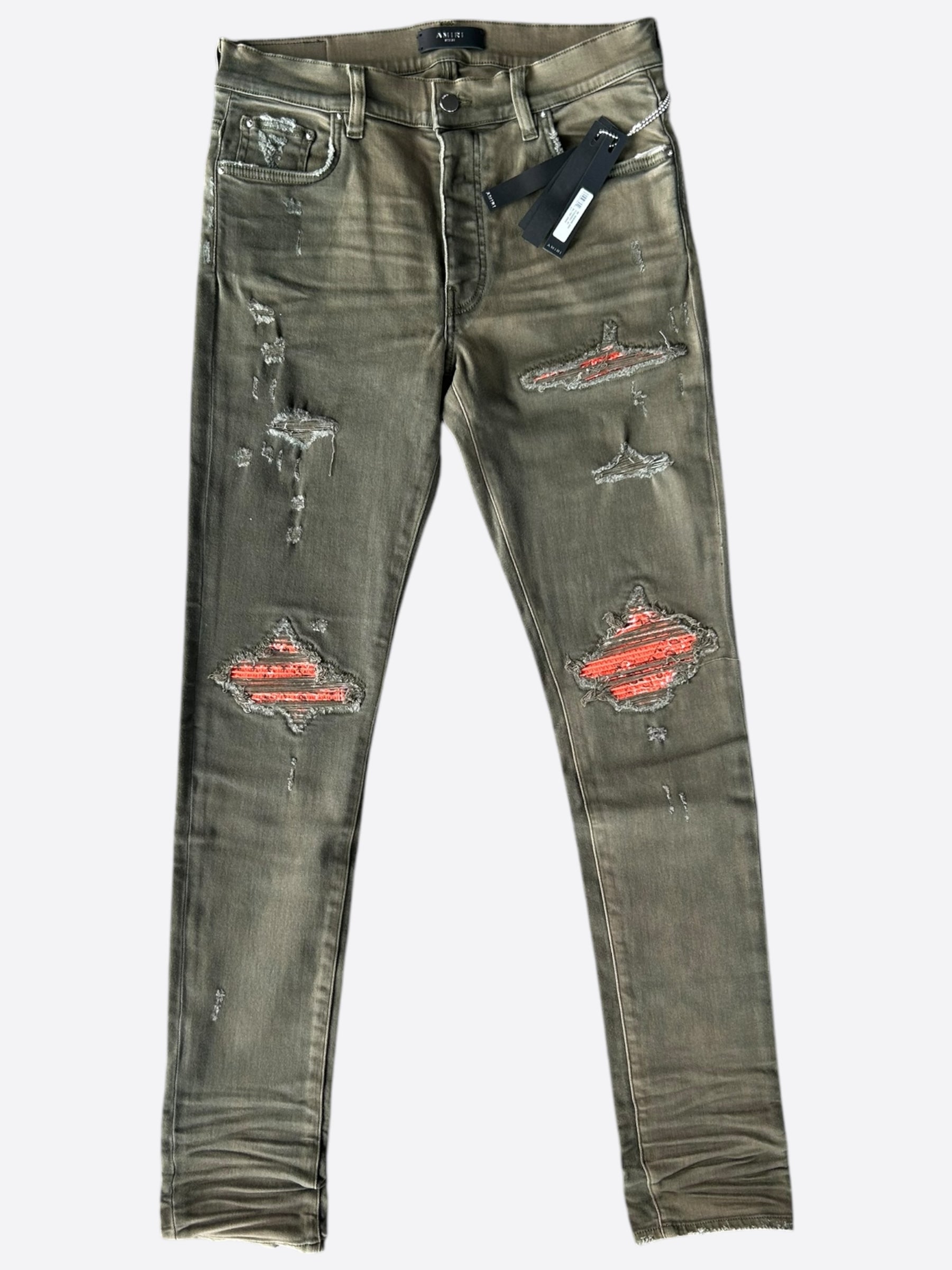 Amiri Military Green & Orange Patch MX1 Jeans for Men - Premium Distressed Denim Pants | Streetwear Fashion, Casual Wear & Night Out Outfits