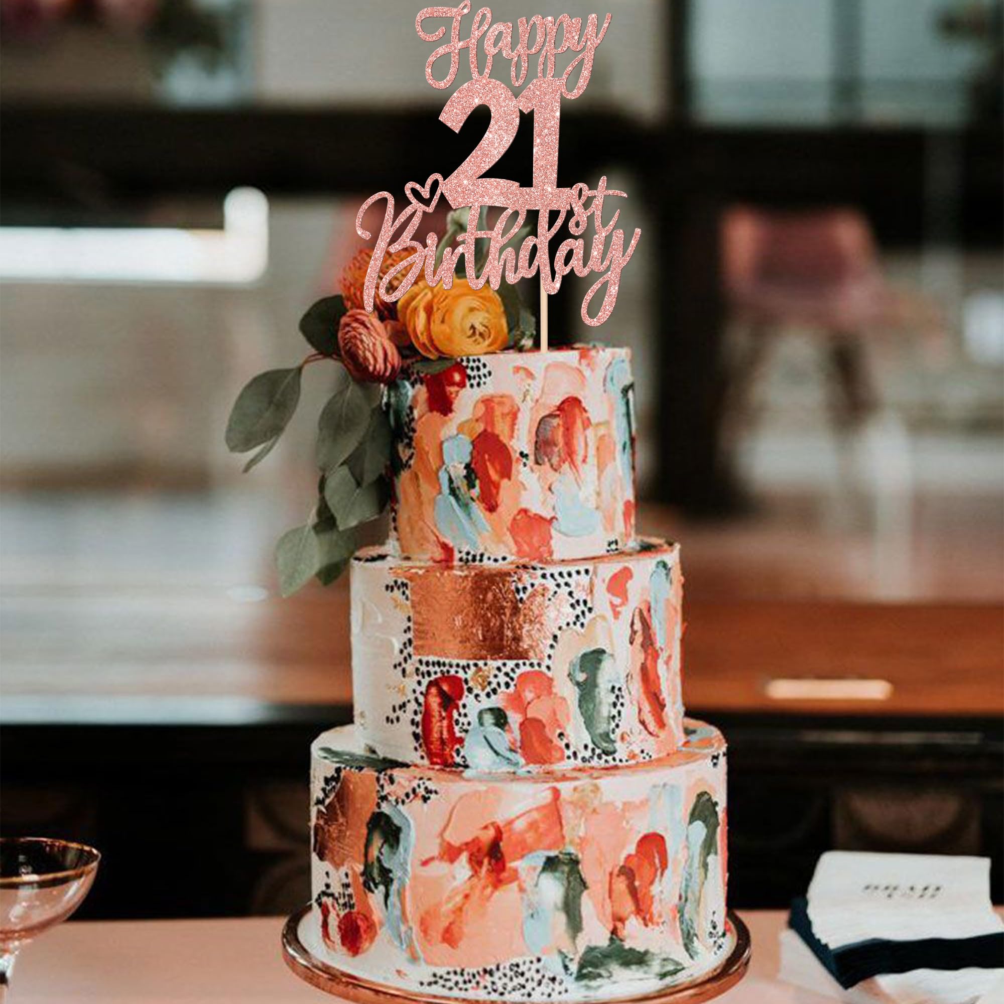1 PCS Happy 21st Birthday Cake Topper - Glitter Cheers to 21 Years Cake Decor, Rose Gold Twenty One Cake Pick for 21st Birthday Party Supplies | Perfect for Anniversary Celebrations, Milestone Parties & Festive Decorations