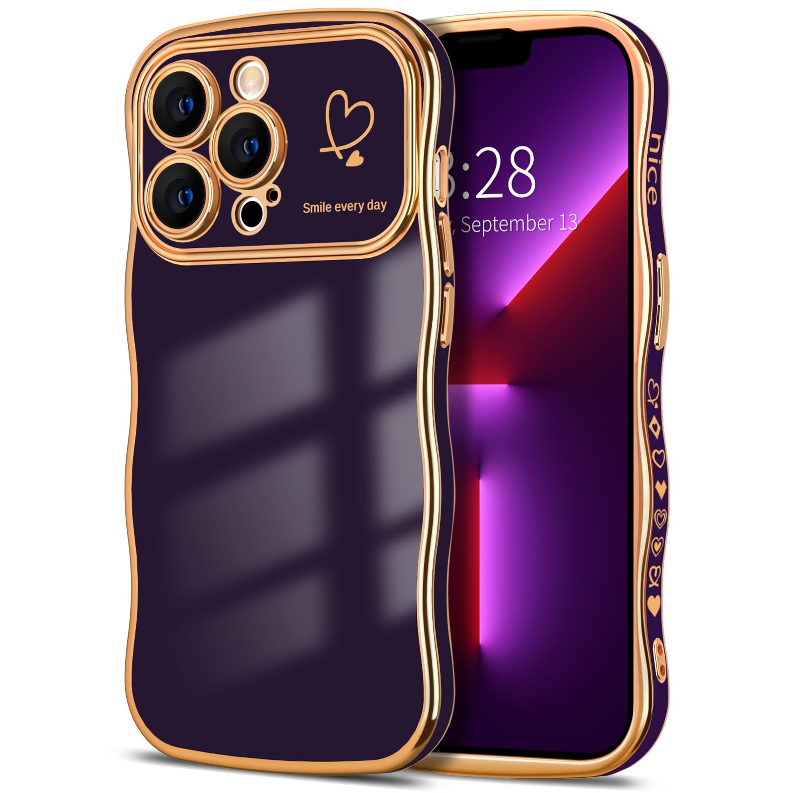 Hython iPhone 13 Pro Max Case - Luxury Wavy Wave Design with Heart Accent, Slim Thin Soft TPU Rubber Shockproof Protective Cover for Women & Girls (Dark Purple) - Perfect for Daily Use, Travel, and Gift Giving