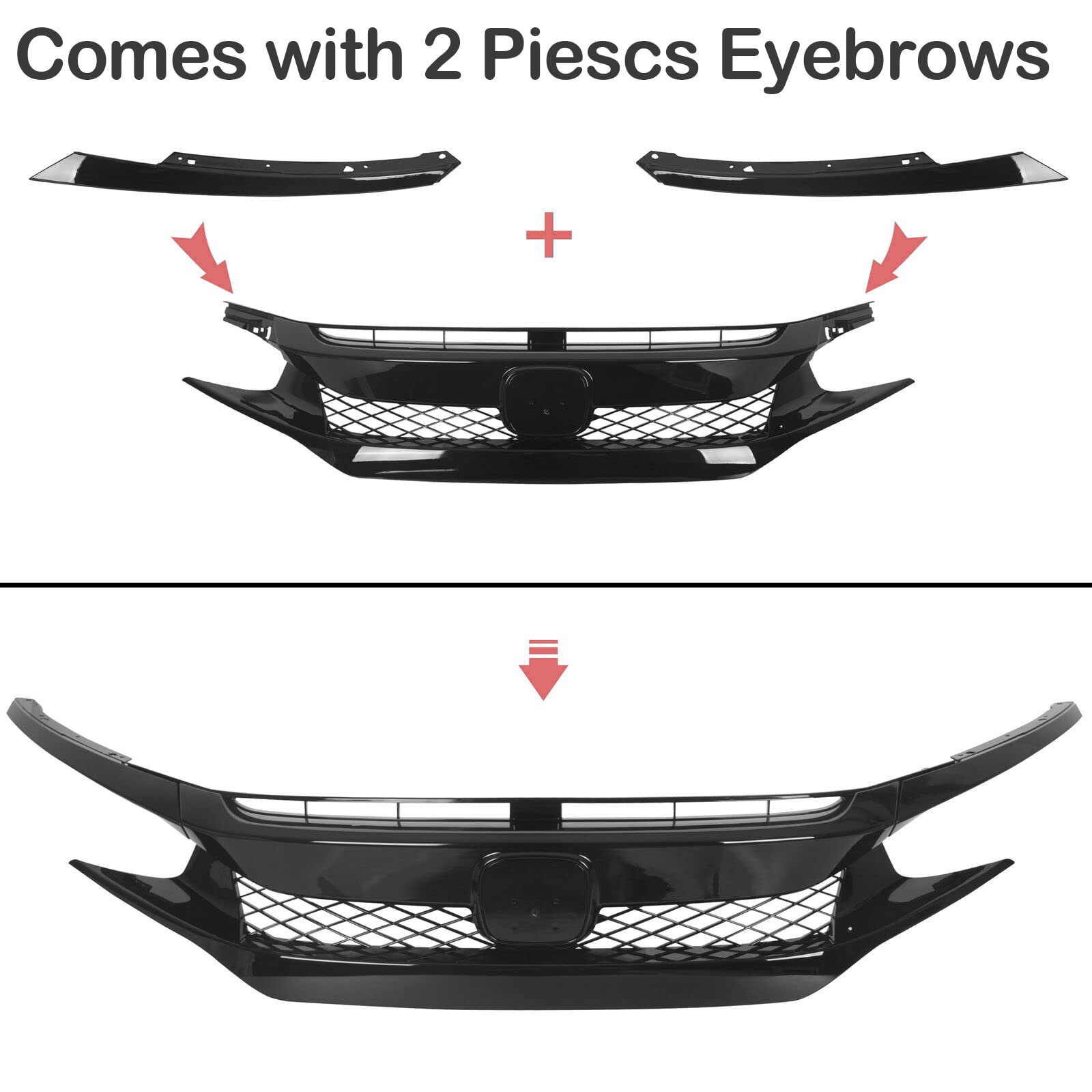 Type-R Style Front Bumper Grille & Hood Mesh Grill for 2016-2018 Honda Civic Si Hatchback/Sedan - Eyebrows Included | Aggressive Look Upgrade | Street Racing & Car Show Accessory