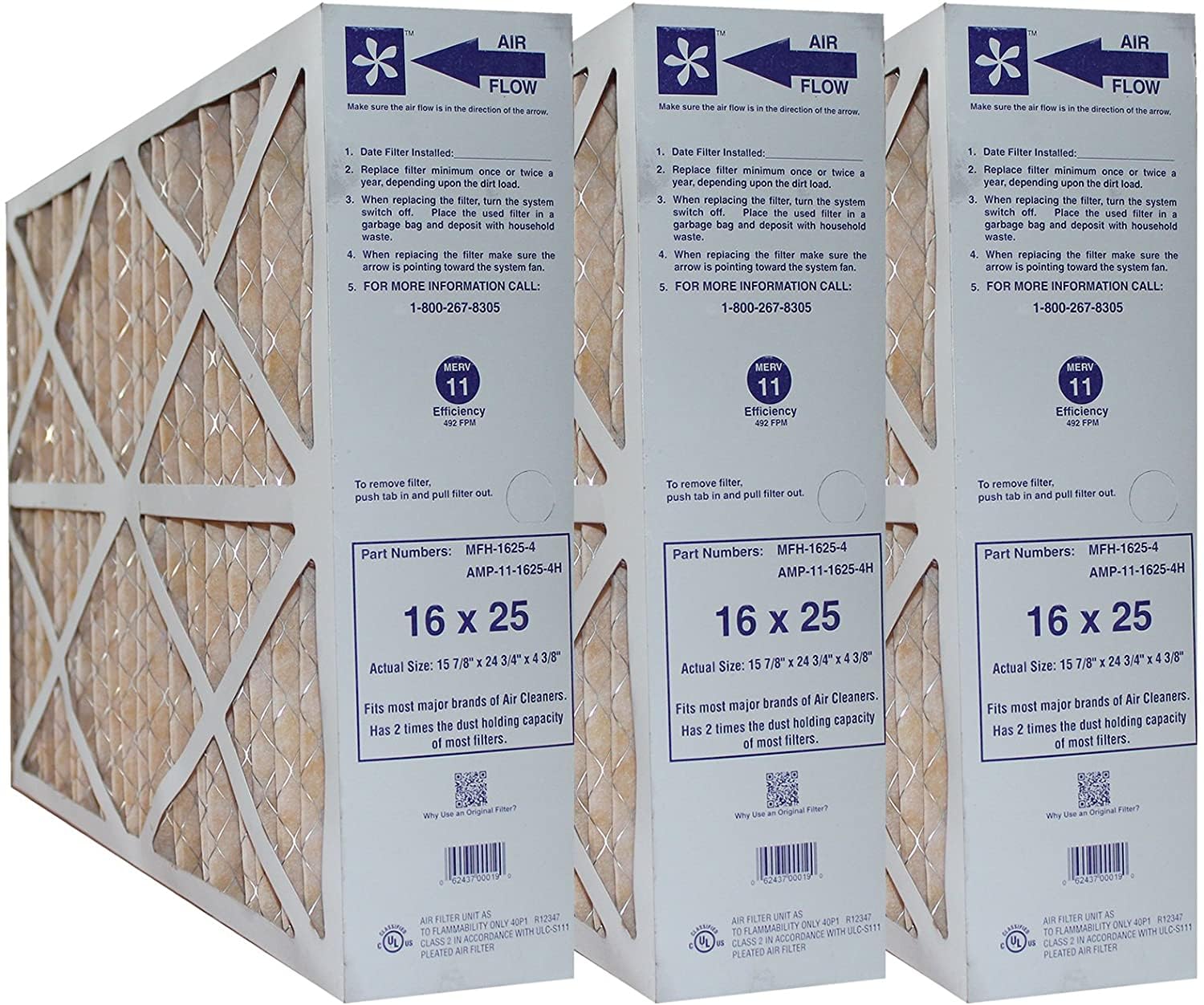 Clean Comfort AMP-11-1625-45 MERV 11 Air Filter 16x25x4.5 Inches - 3 Pack | High Efficiency HVAC Furnace & AC Filters for Home & Office Use
