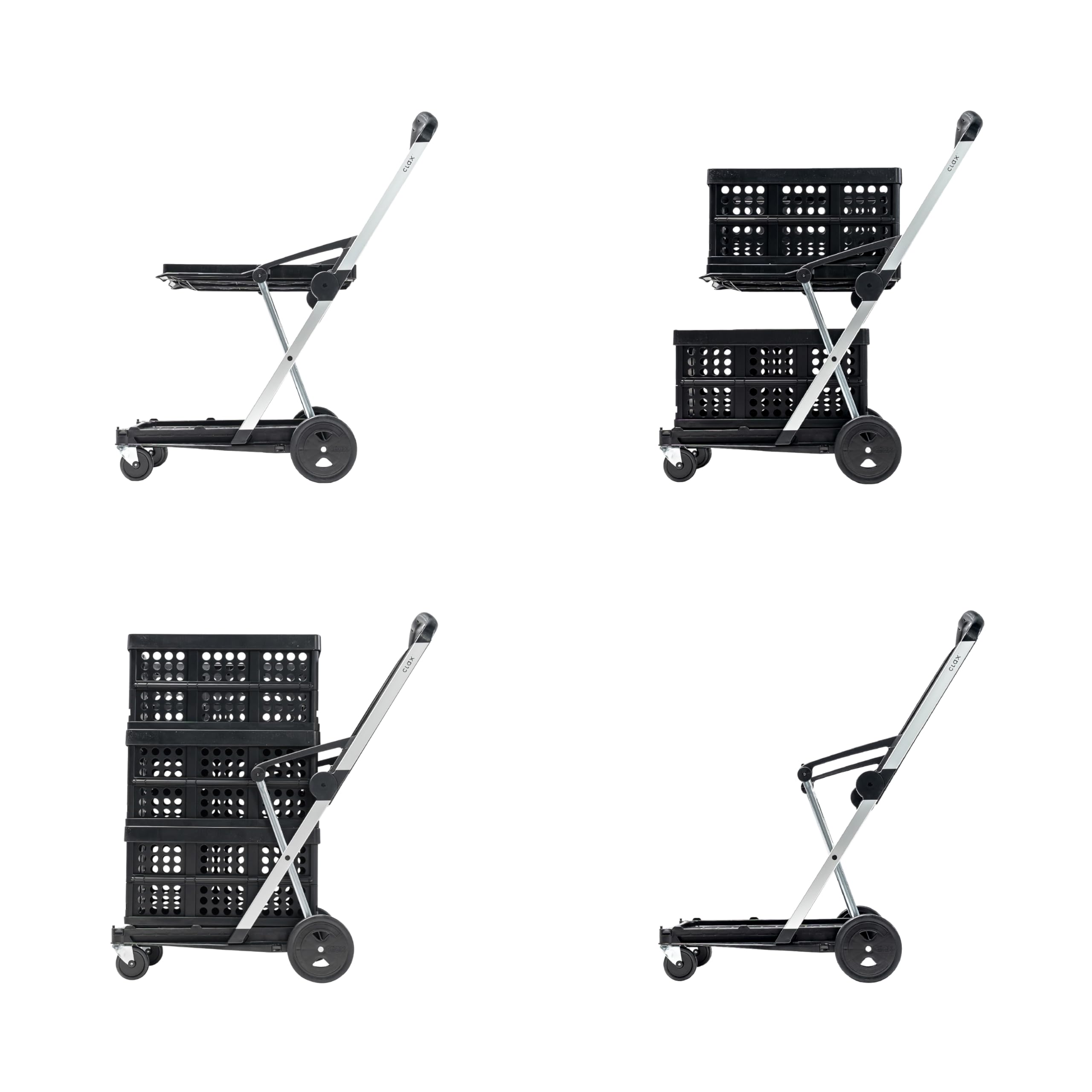 CLAX® The Original German-Made Multi-Use Collapsible Utility Cart - Foldable Mobile Trolley with 2 Storage Bins for Shopping, Storage & Transport (Black) | Perfect for Groceries, Warehouse, Camping & Home Organization