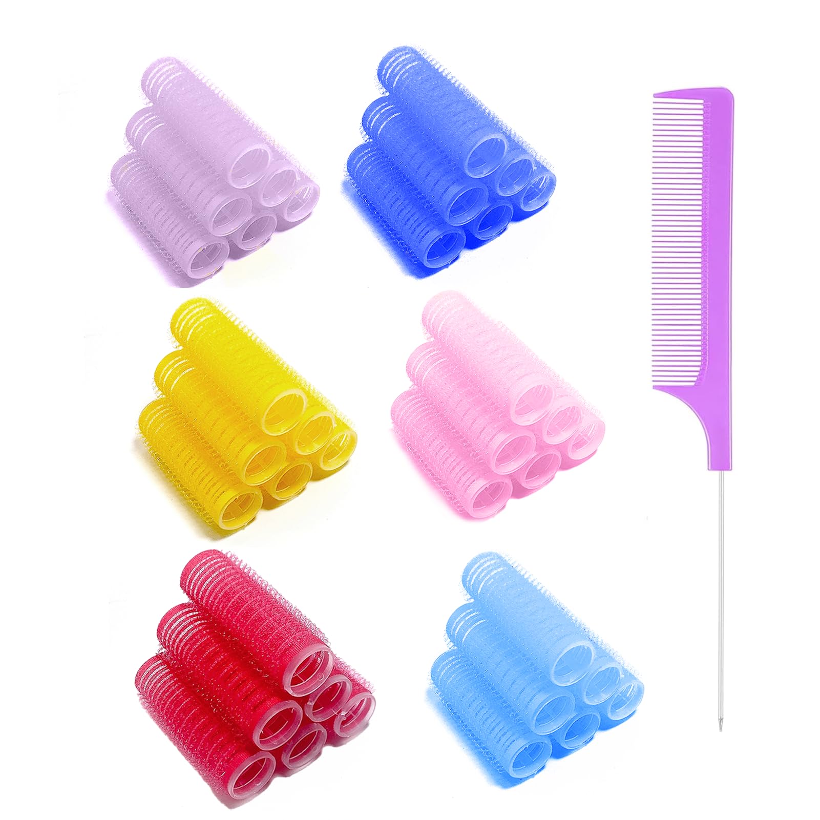 36PCS Self-Grip Heatless Hair Rollers for Medium & Short Hair - 0.6 x 2.4 Inch Salon Quality Curling Tools with Rat Tail Comb - Perfect for DIY Curly Hairstyles, Overnight Styling & Natural Waves (Women's Hair Styling Kit)