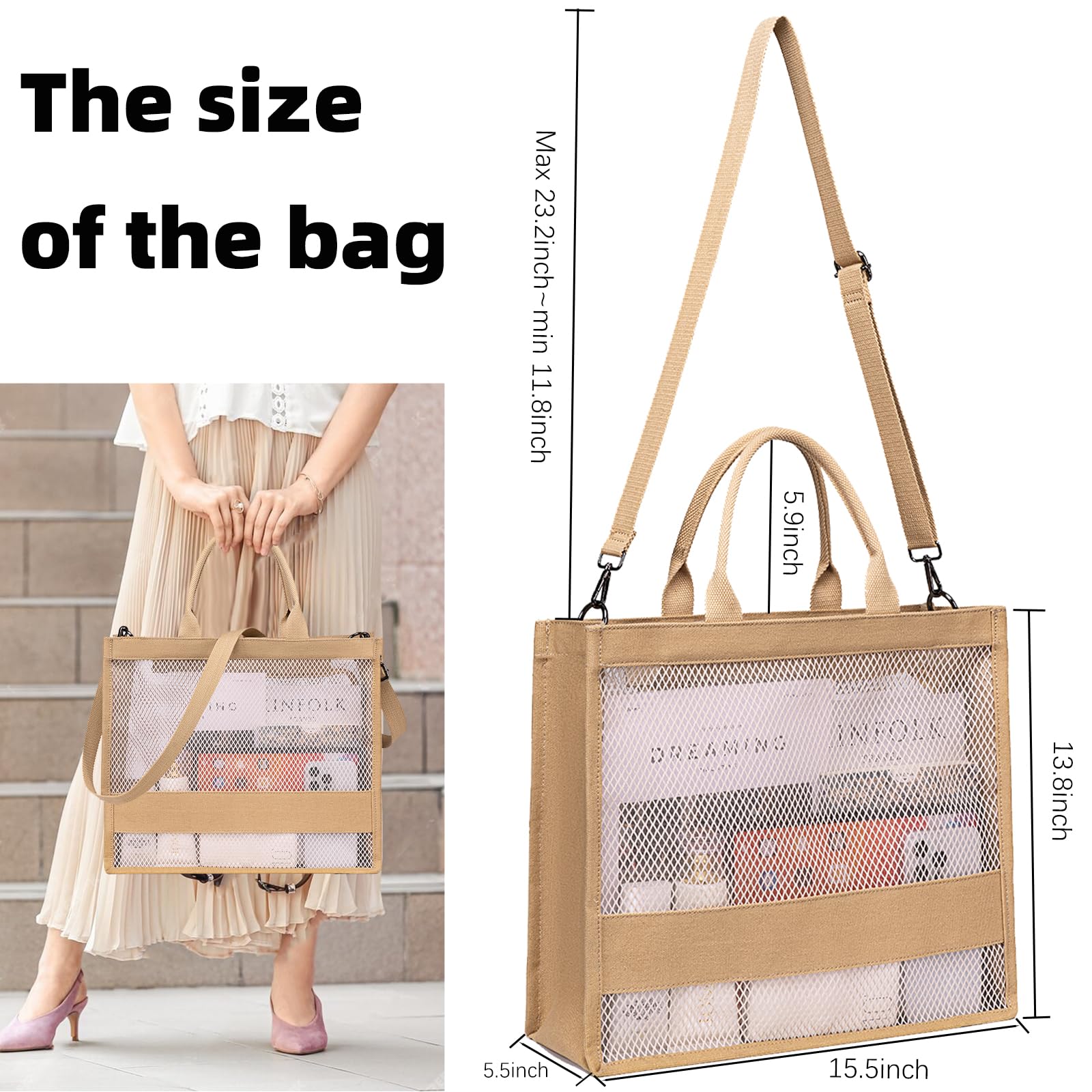 BTOOP Women's Clear Mesh Beach Tote Bag with Zipper - Waterproof Pool Bag, Crossbody Purse for Travel, Work, Gym & Shopping - Perfect for Beach Vacation, Swimming, Yoga and Daily Use