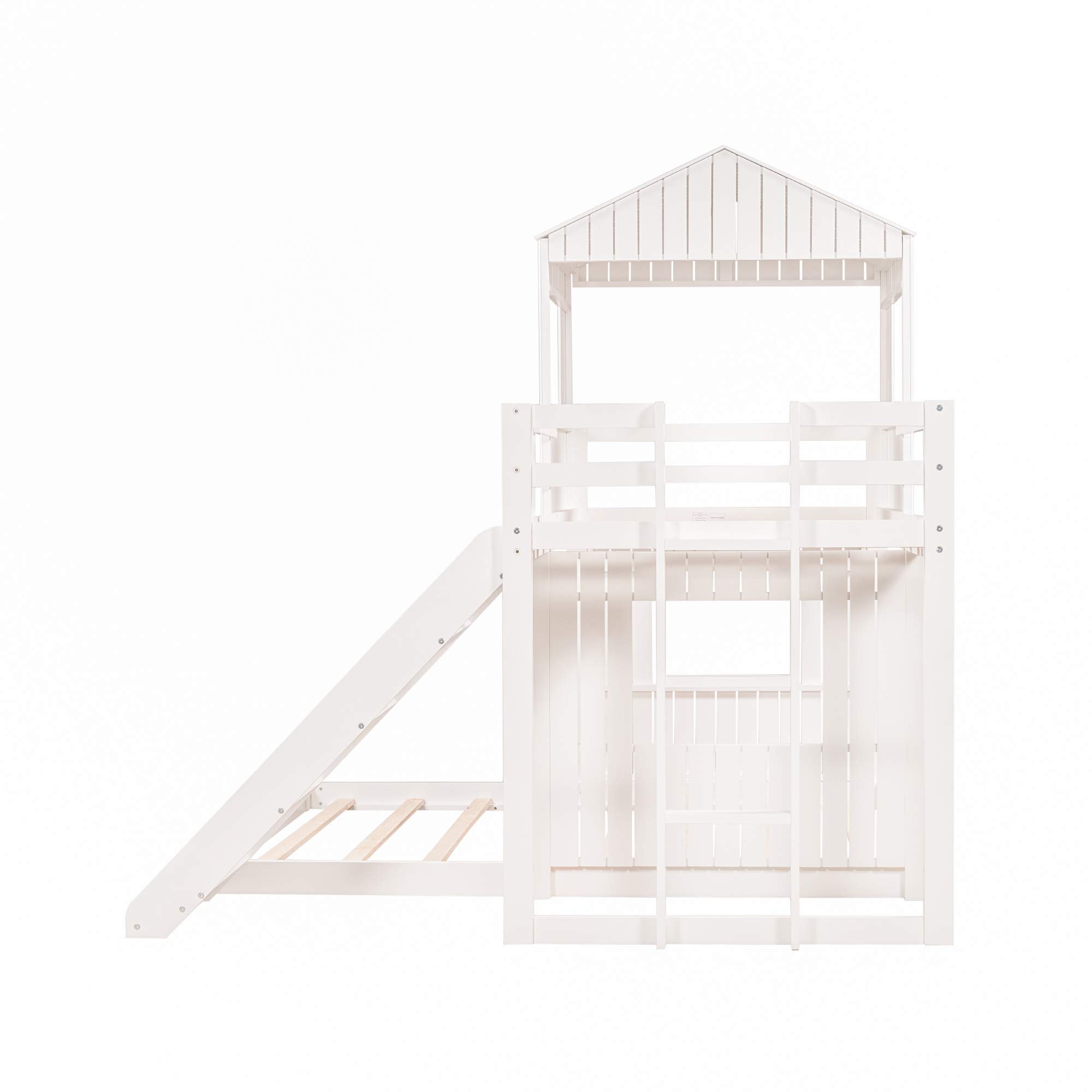 Quarte Twin Over Full Bunk Bed with Slide & Ladder - Solid Wood Loft Bed Frame with Playhouse, Farmhouse Design & Safety Guardrails - Perfect for Kids, Teens, Boys & Girls (White) - Ideal for Small Bedrooms, Playrooms & Shared Kids' Spaces
