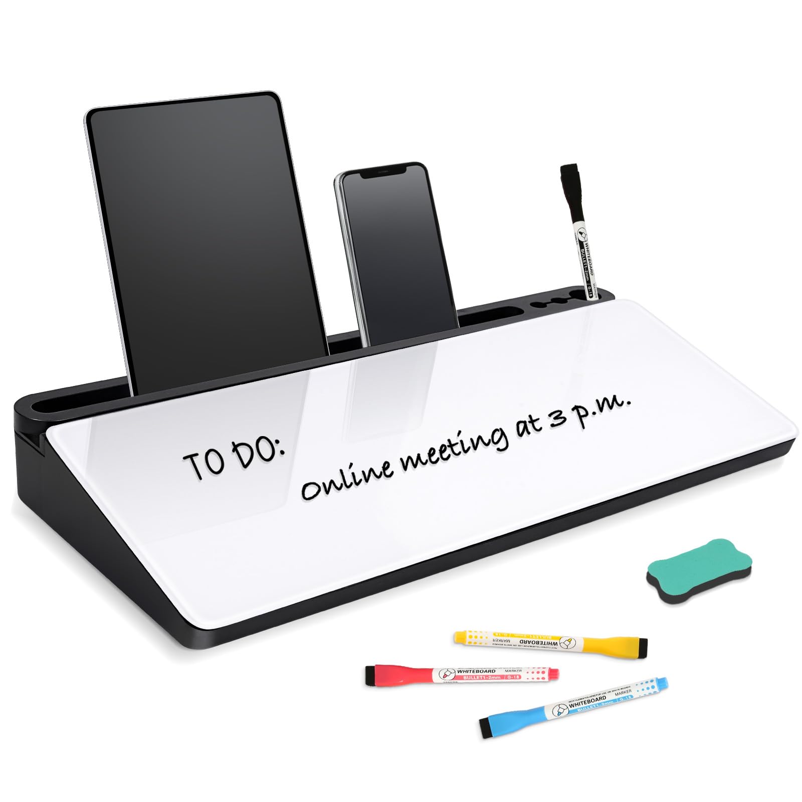 DOLLAR BOSS Small Glass Dry Erase Whiteboard with Storage Drawer - Desktop Whiteboard for Office, School & Home - Includes 4 Markers & Eraser - Perfect as Computer Keyboard Stand & Desk Organizer (White)