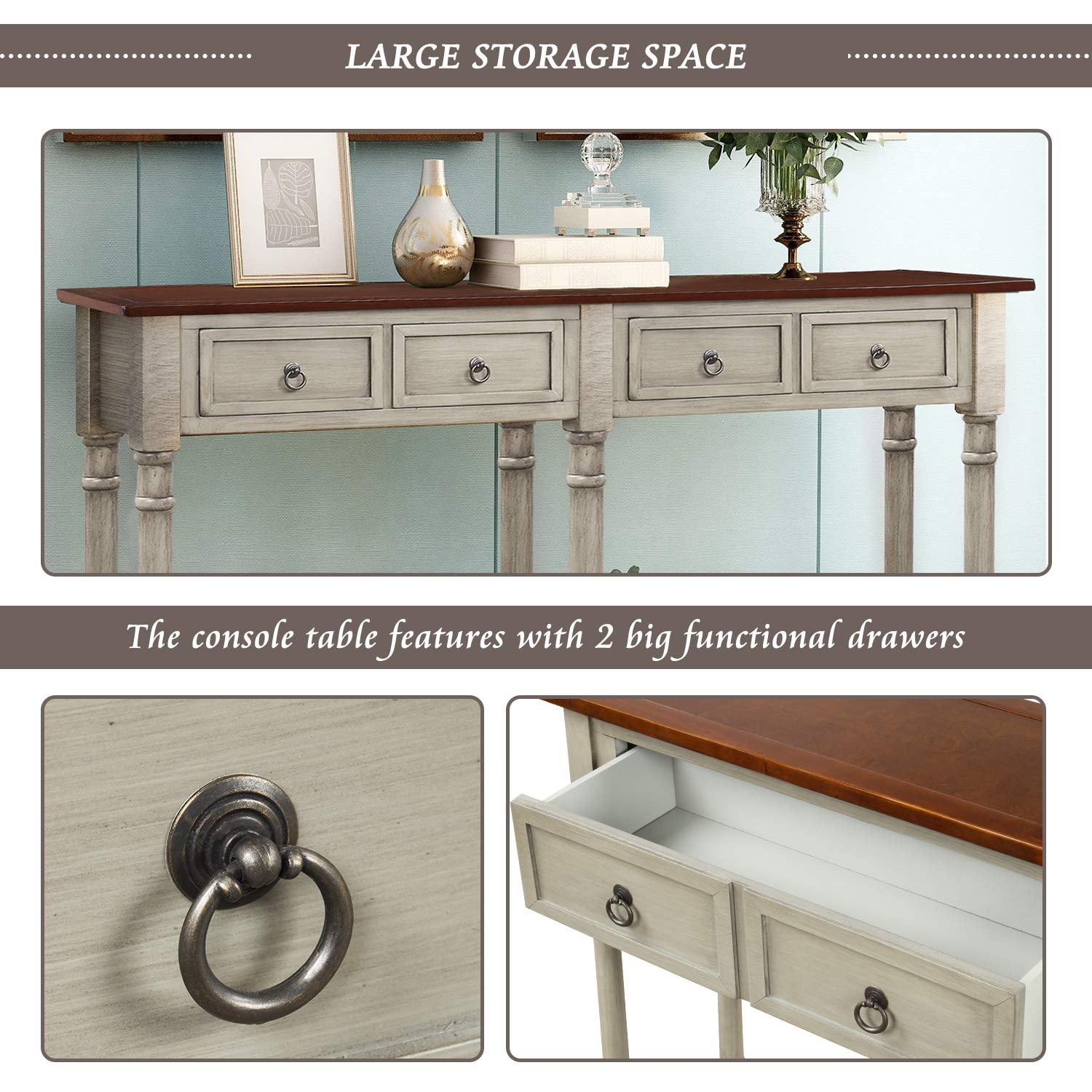Solid Wood Console Sofa Table with 2 Large Storage Drawers, Rustic Entryway Table with Open Shelf - Modern TV Stand for Living Room, Bedroom & Entryway (Gray, Large) - Perfect for Small Space Organization & Home Decor