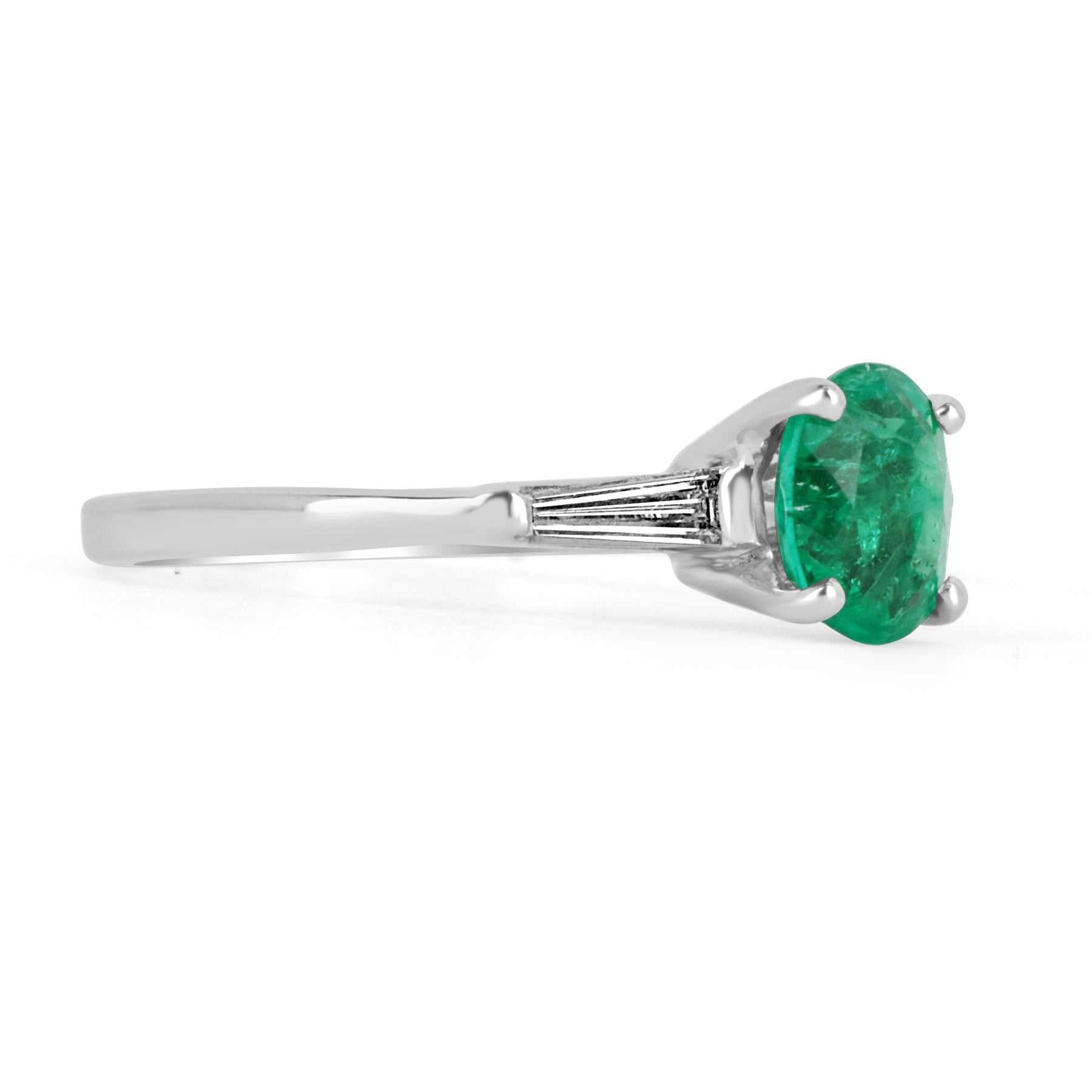 1.48tcw Colombian Emerald Oval Cut & Tapered Baguette Diamond Ring Set In Platinum - Elegant Wedding, Engagement & Anniversary Jewelry Gift for Women