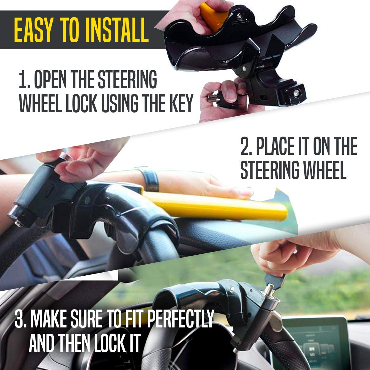Zento Universal Steering Wheel Lock – Anti-Theft Car Security Device with Adjustable Length & Double Hook | Retractable Vehicle Protection for Cars, Trucks, SUVs | Perfect for Parking Security & Theft Prevention