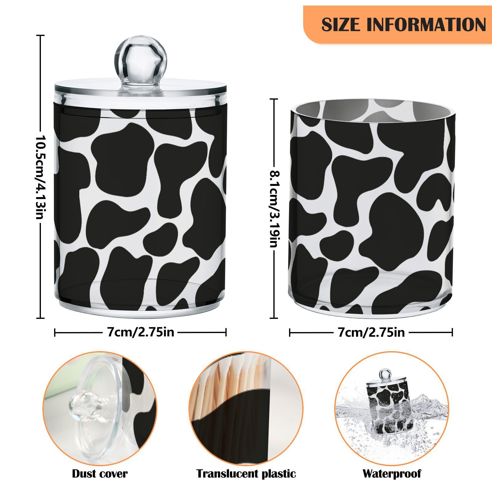2 Pack Plastic Q-Tips Holder with Cow Print - Bathroom Organizer Canisters for Cotton Balls, Swabs, Pads & Dental Floss - Plastic Apothecary Jars for Vanity Countertop - Perfect for Farmhouse & Boho Style Bathroom Decor