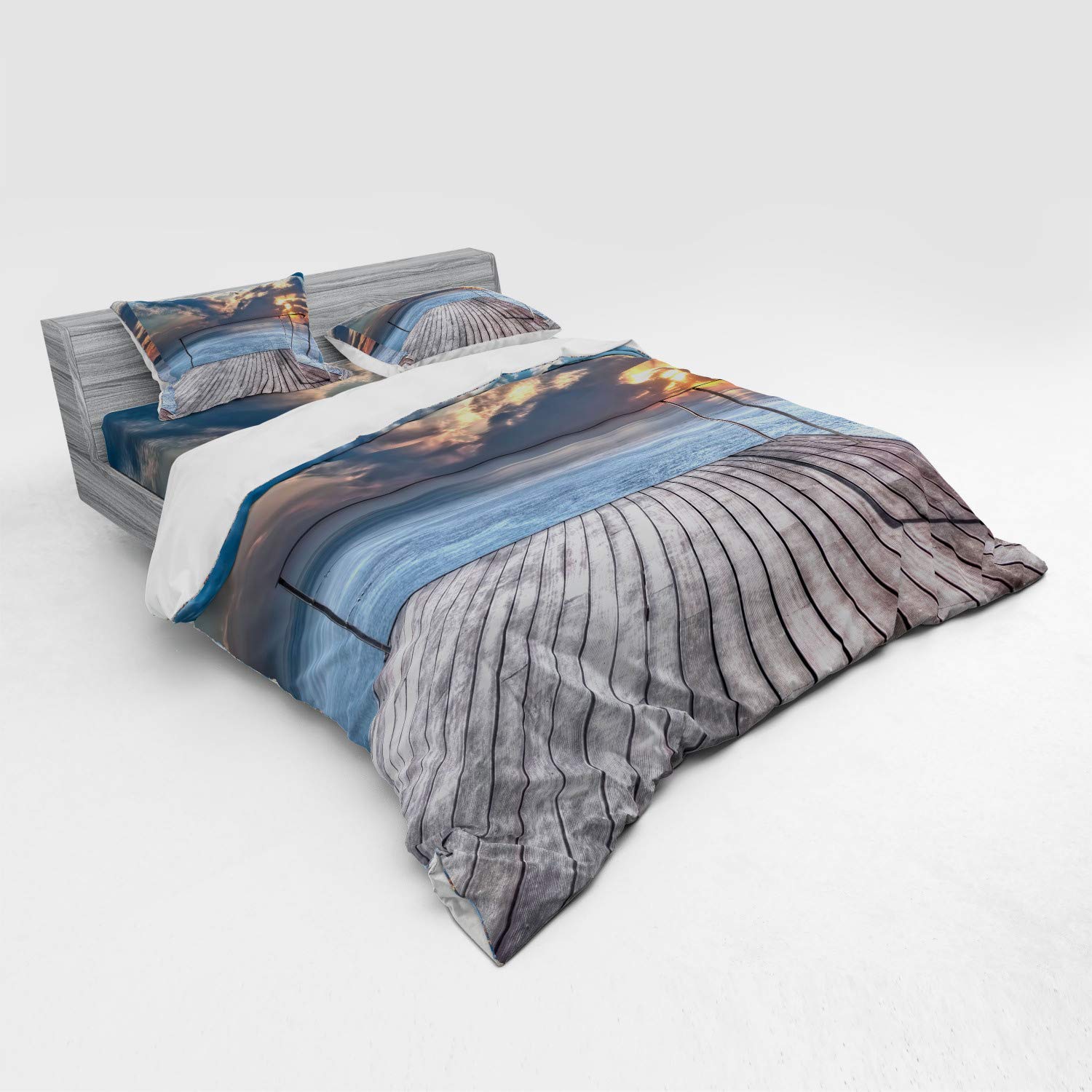 Ambesonne King Size 4-Piece Travel Duvet Cover Set - Ocean Sunset Terrace Print Bedding with Shams & Fitted Sheet in Sky Blue & Pale Brown | Perfect for Beach House Decor, Coastal Theme Bedrooms & Vacation Rental Homes