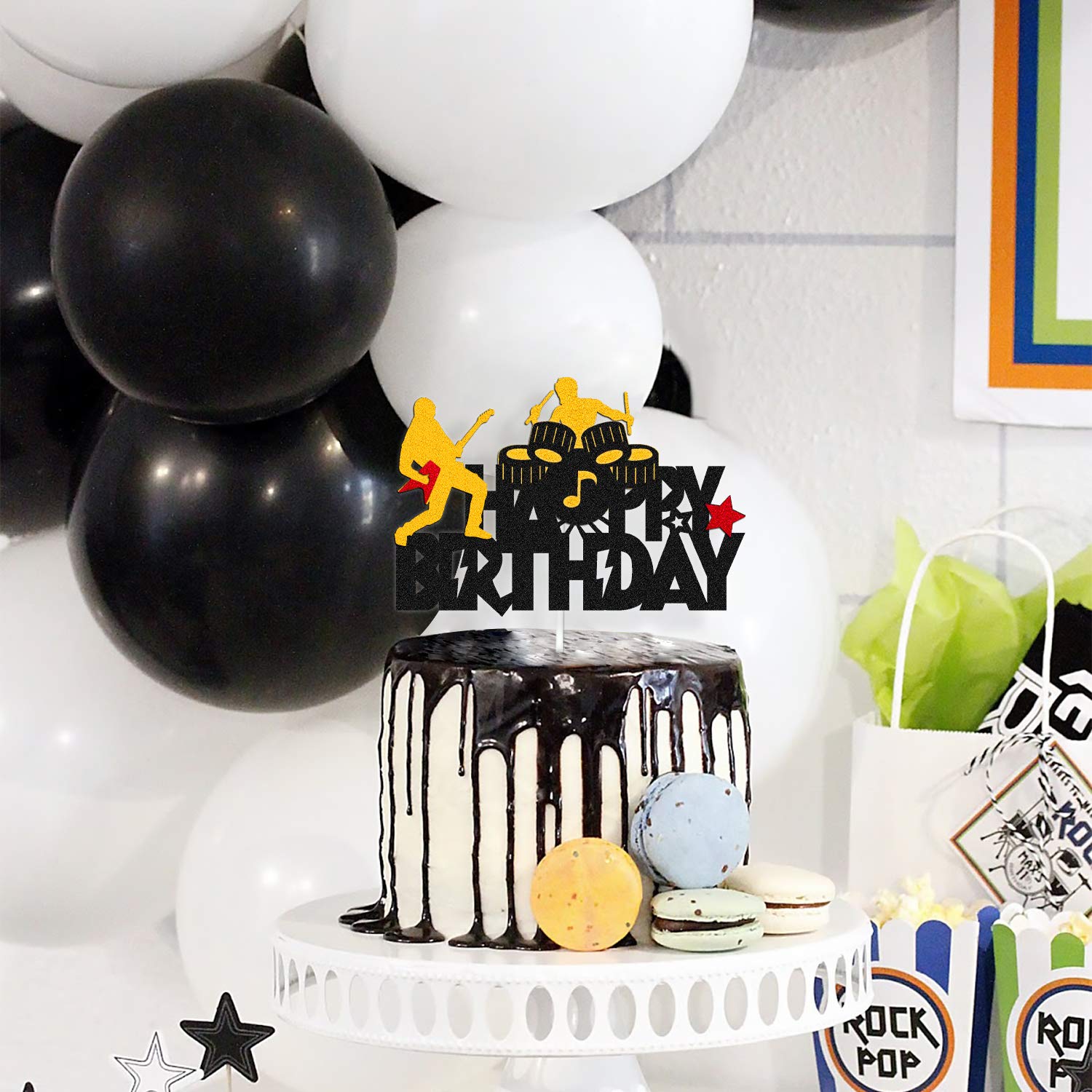 Rock and Roll Music Cake Topper - Happy Birthday Sign with Drums, Guitar & Musical Notes - Glitter Black Cake Decorations for Rock Themed Parties | Perfect for Musician Birthday Cakes & Rock n' Roll Celebrations