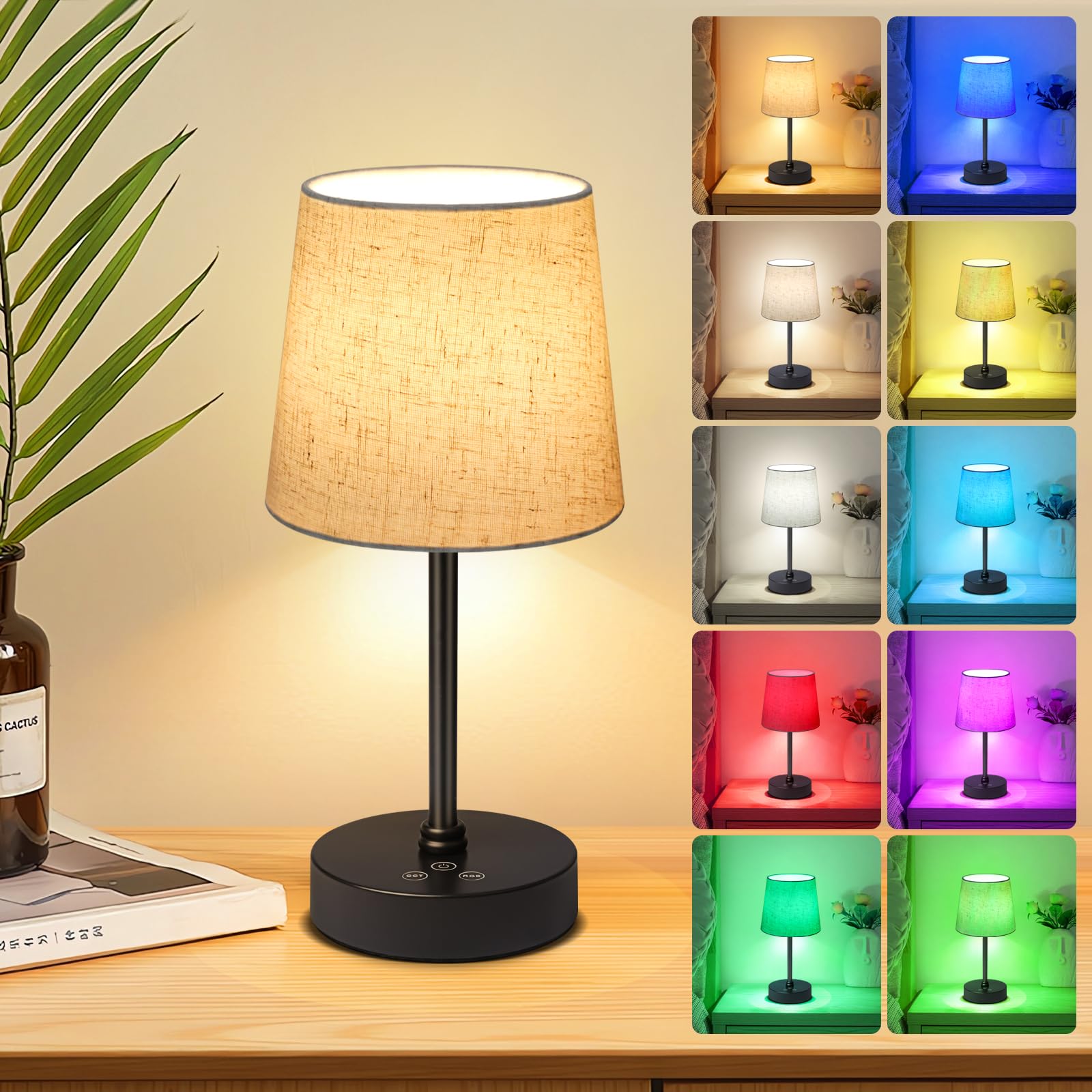 5000mAh Rechargeable Cordless Table Lamp - 3 Colors & 7 RGB Stepless Dimmable LED Desk Light with Touch Control, Portable Fabric Shade Night Light for Home, Bedroom, Office, Patio and Restaurant (Flaxen)
