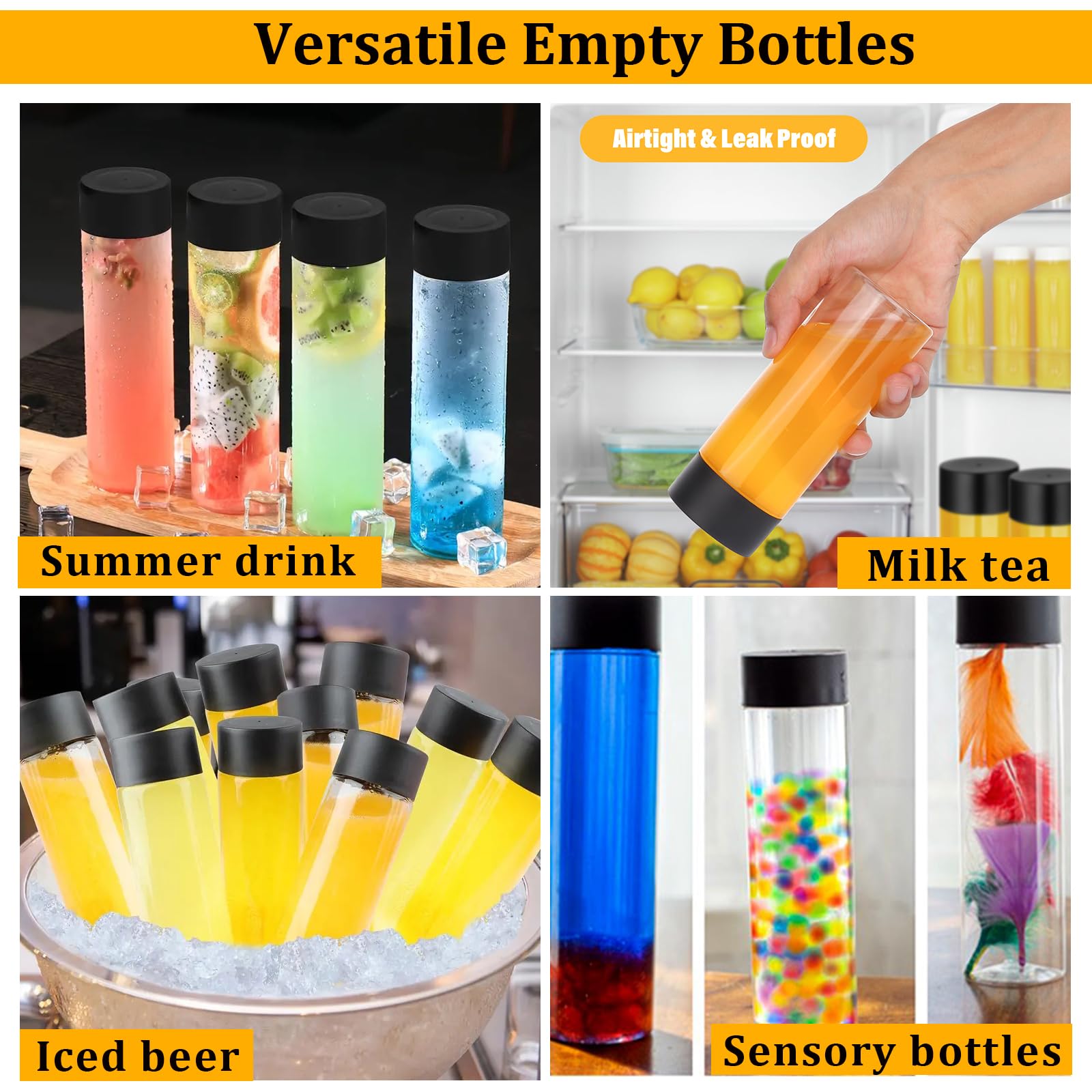 16 Pack 12 oz Clear Plastic Bottles with Black Lids - Reusable Leakproof Juice & Water Containers for DIY Sensory Tubes, Kids Crafts, Science Experiments & Party Favors (350ml)