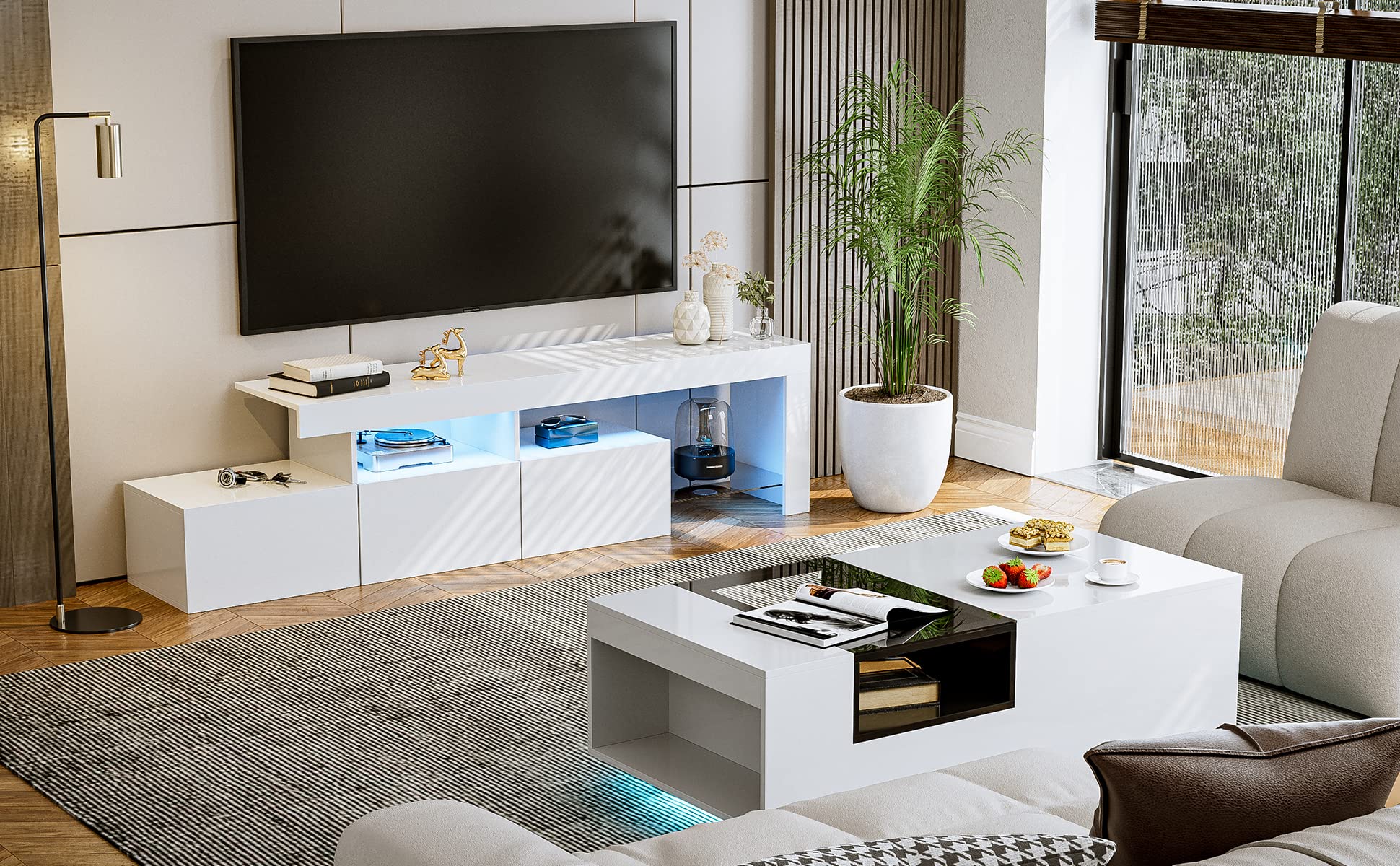 IKIFLY 75 Inch LED TV Stand with 3 Cabinets - High Glossy Modern Entertainment Center & Media Console for Living Room - White - Perfect for Home Theater & Living Room Organization