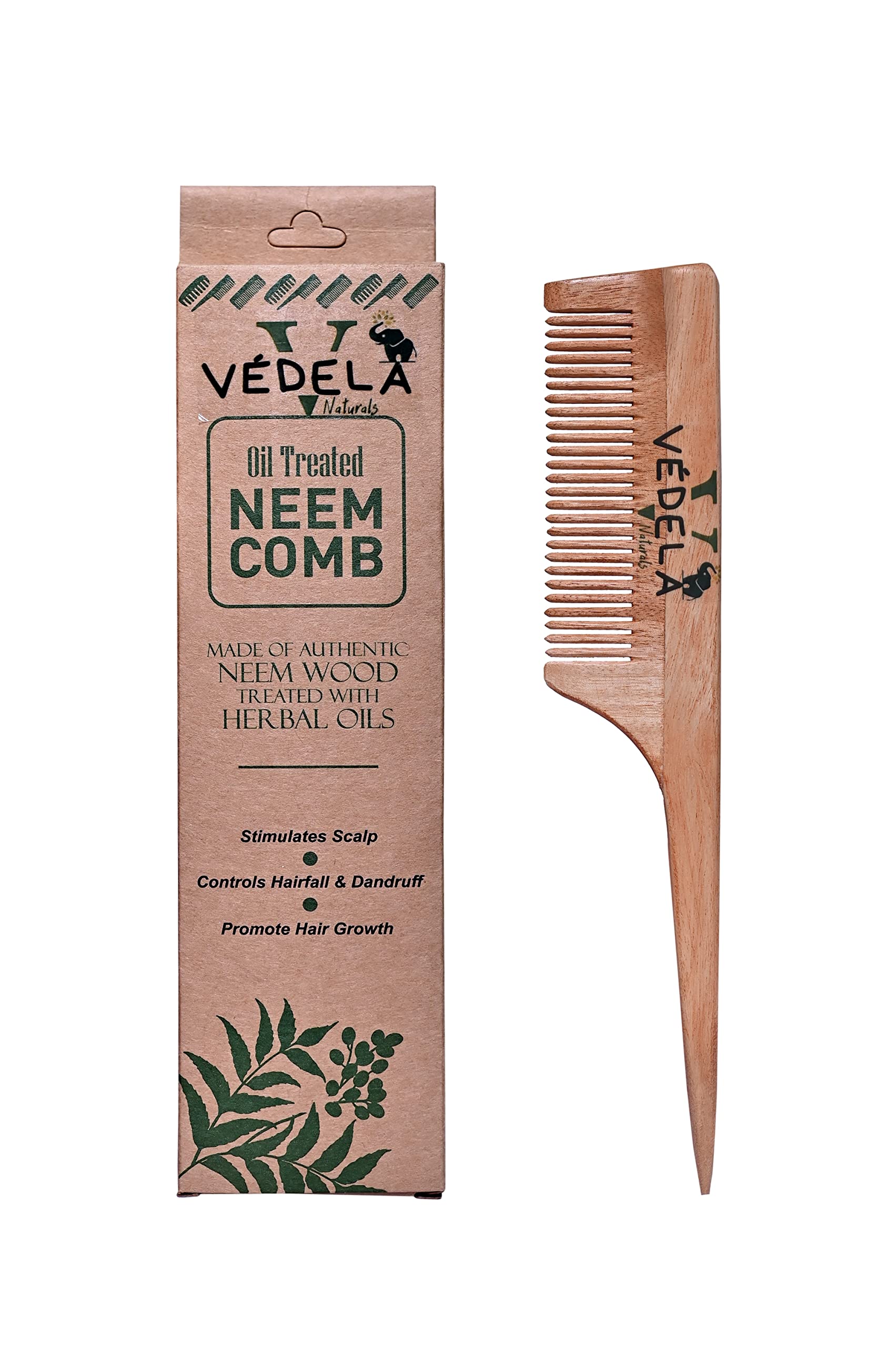 Vedela Naturals Neem Wood Comb for Hair Growth & Dandruff Control - Anti-Frizz & Hair Straightening Comb for Men & Women - Herbal Oil Treated Wooden Hairbrush for Daily Hair Care & Scalp Massage