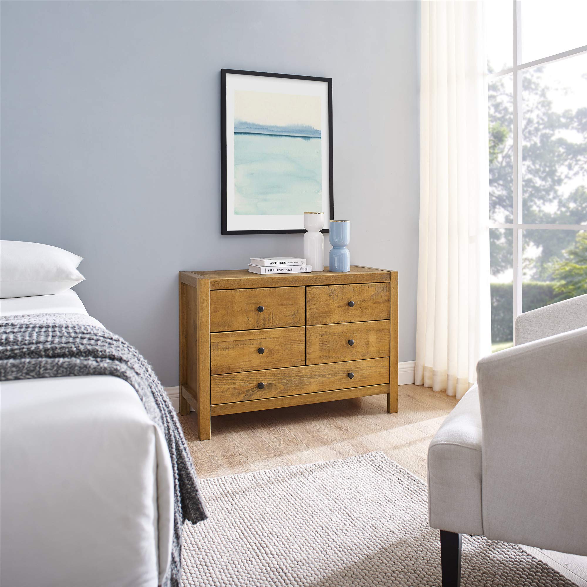 Rustic Oak 5-Drawer Dresser with Round Metal Knobs - Solid Wood Storage Nightstand for Bedroom, Living Room & Nursery Organization