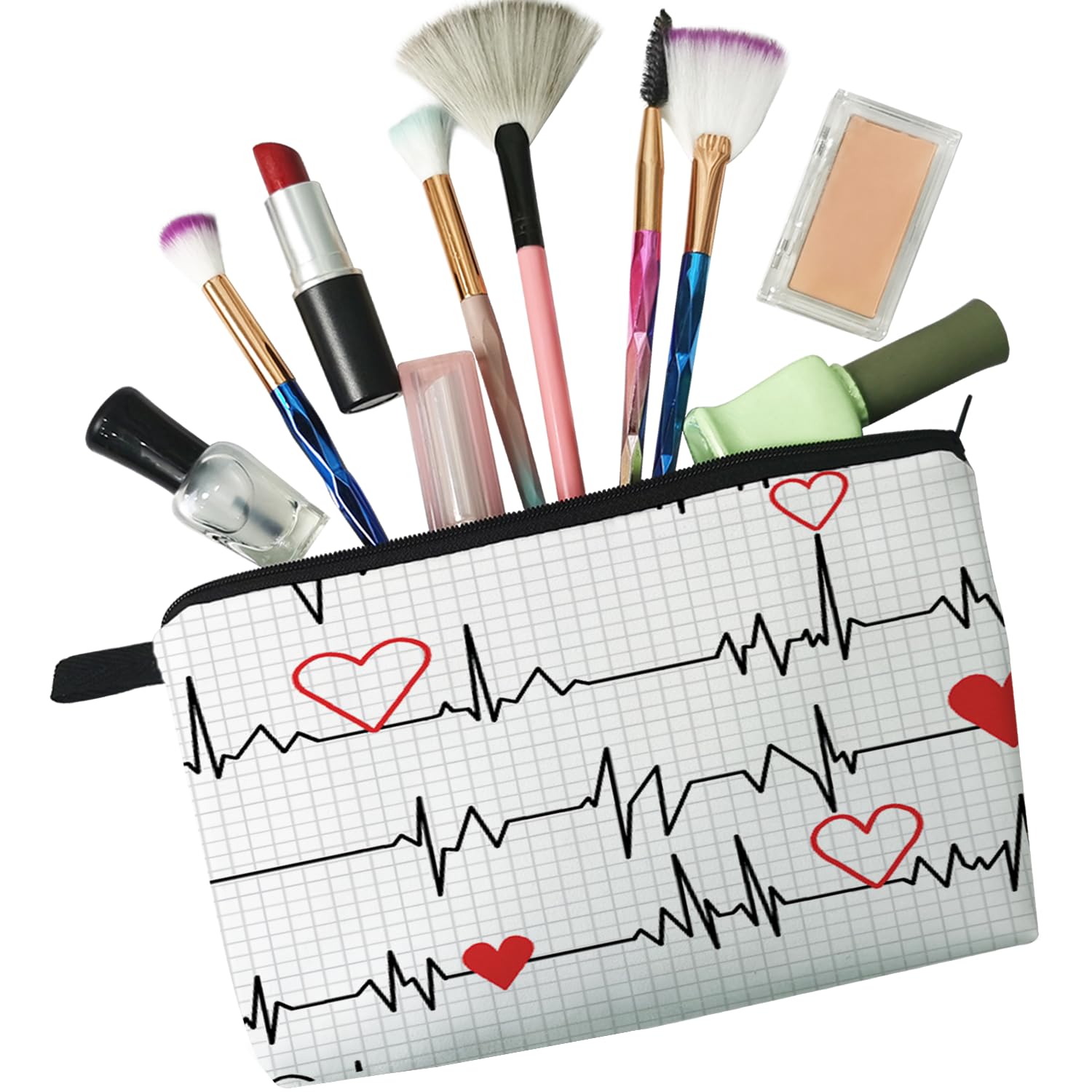 White ECG Nurse Cosmetic Bag for Women - Cute Makeup Pouch for Travel & Purse Organization - Waterproof Toiletry Bag with Zipper - Perfect Gift for Nurses, Friends, Sisters & Family - Great for Work, School, Gym & Vacation Essentials