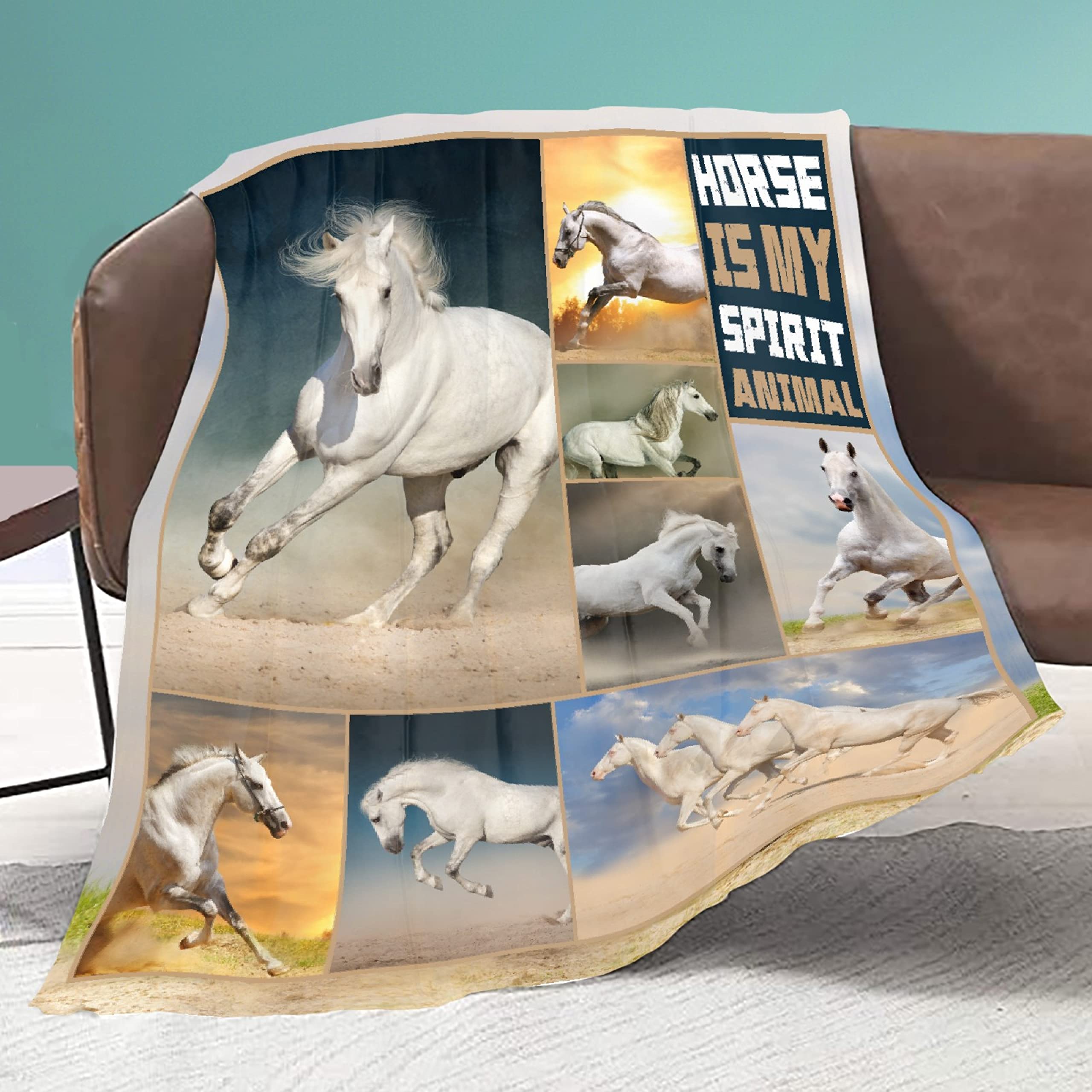 Soft Flannel Horse Print Throw Blanket - Cozy Lightweight Plush Quilt for Bed, Sofa & Chair - XL 120x90 Inch - Perfect for Home, Travel, Camping & Gifts - My Spirit Animal Decorative Blanket for Family & Friends