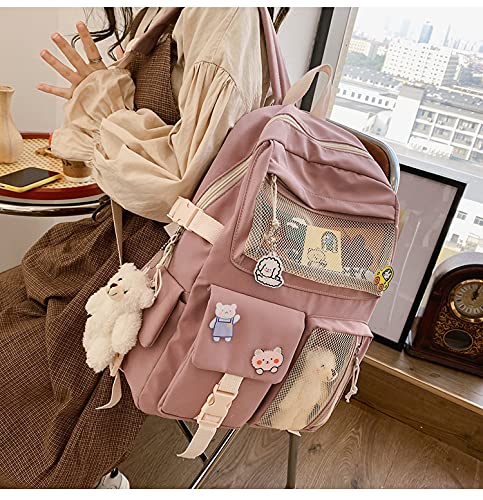 Cute Kawaii Aesthetic Backpack for School Girls with Adorable Pin Accessories - Pink One Size - Perfect for School, Travel & Daily Use