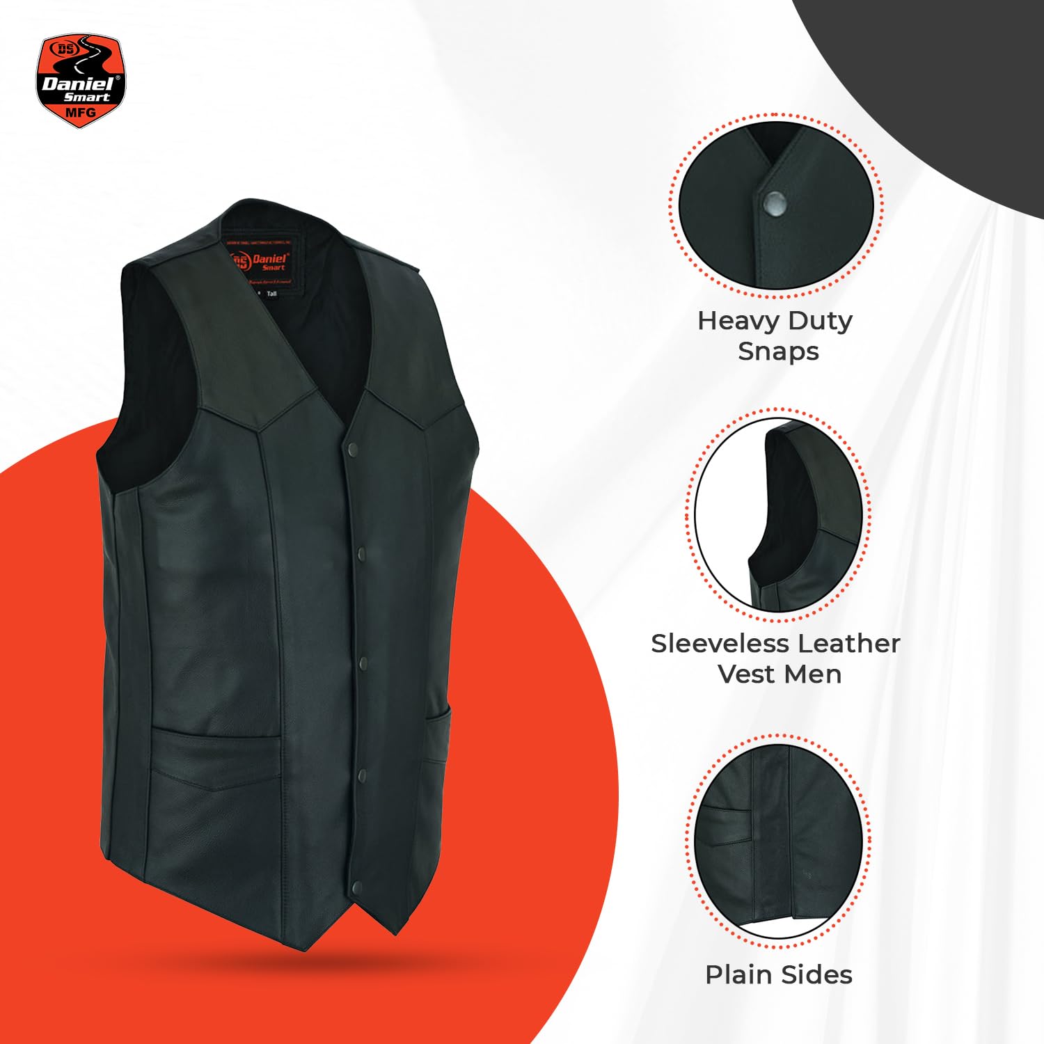 Daniel Smart Men's Genuine Leather Motorcycle Vest - Unique Biker Jacket with 2 Front & Inside Pockets for Riding & Casual Wear