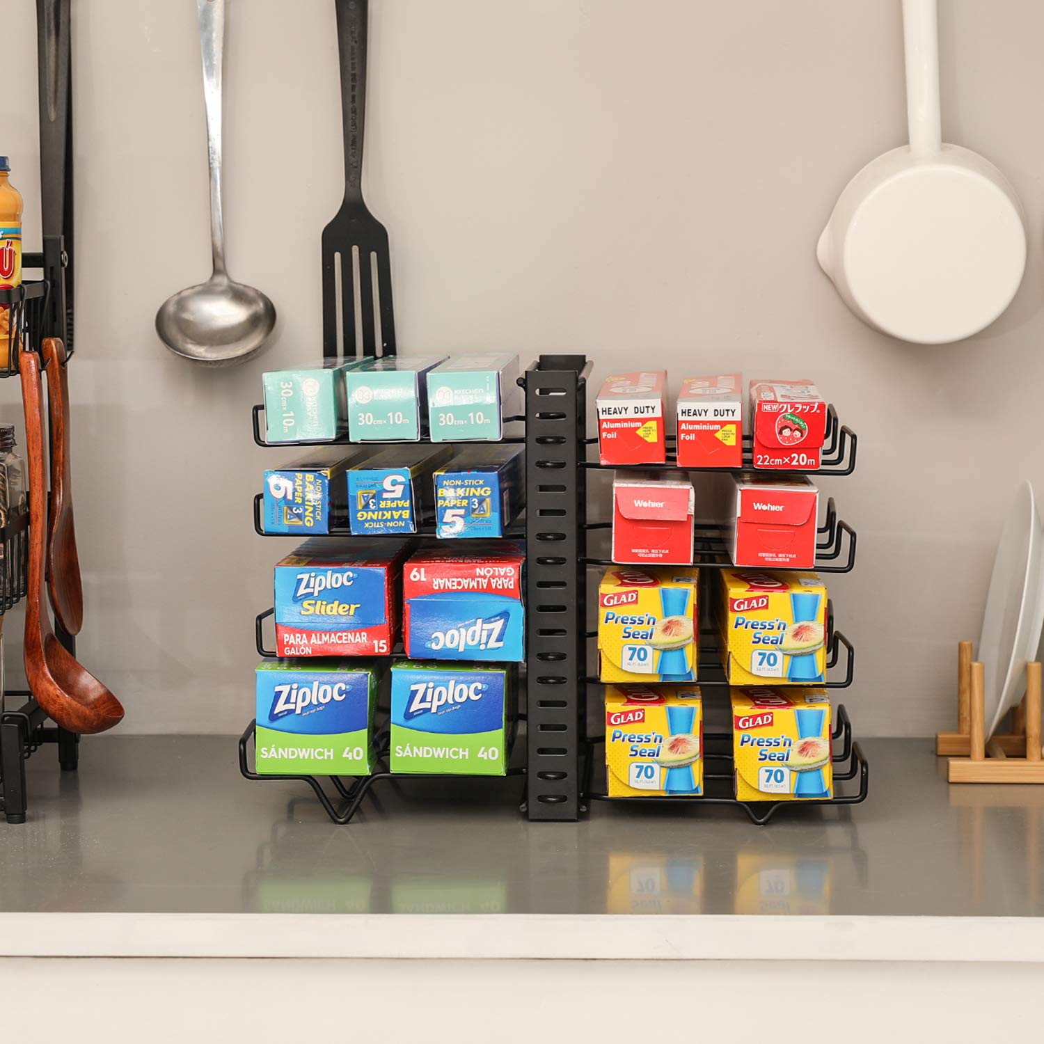 Upgraded X-cosrack Adjustable Wrap Organizer Rack - 8 Wire Holders, Multifunctional Kitchen Storage for Plastic Wrap, Foil & Parchment Paper - Space Saving Cabinet & Pantry Organizer - Black Small (Patent Pending) - Perfect for Kitchen Countertops, Drawers & Closet Organization
