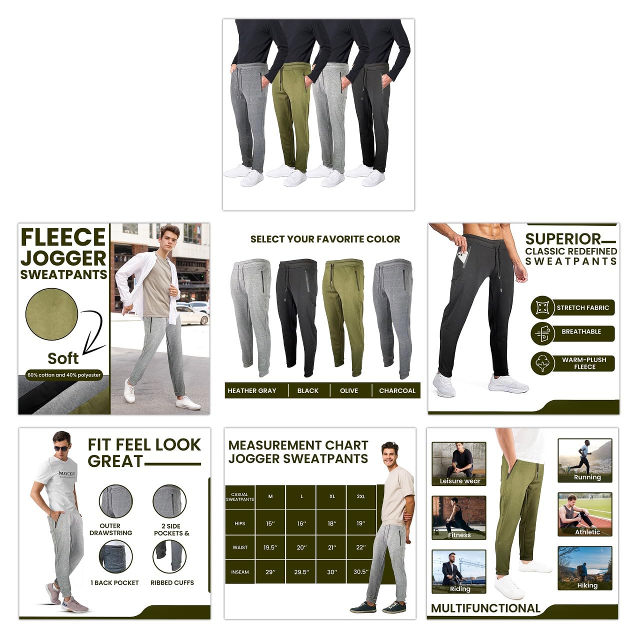 RiverBlue Men's Fleece Jogger Sweatpants with Zipper Pockets - Elastic Cuffs & Drawstring - Multi-Pack Comfort Pants for Gym, Lounge & Outdoor Activities