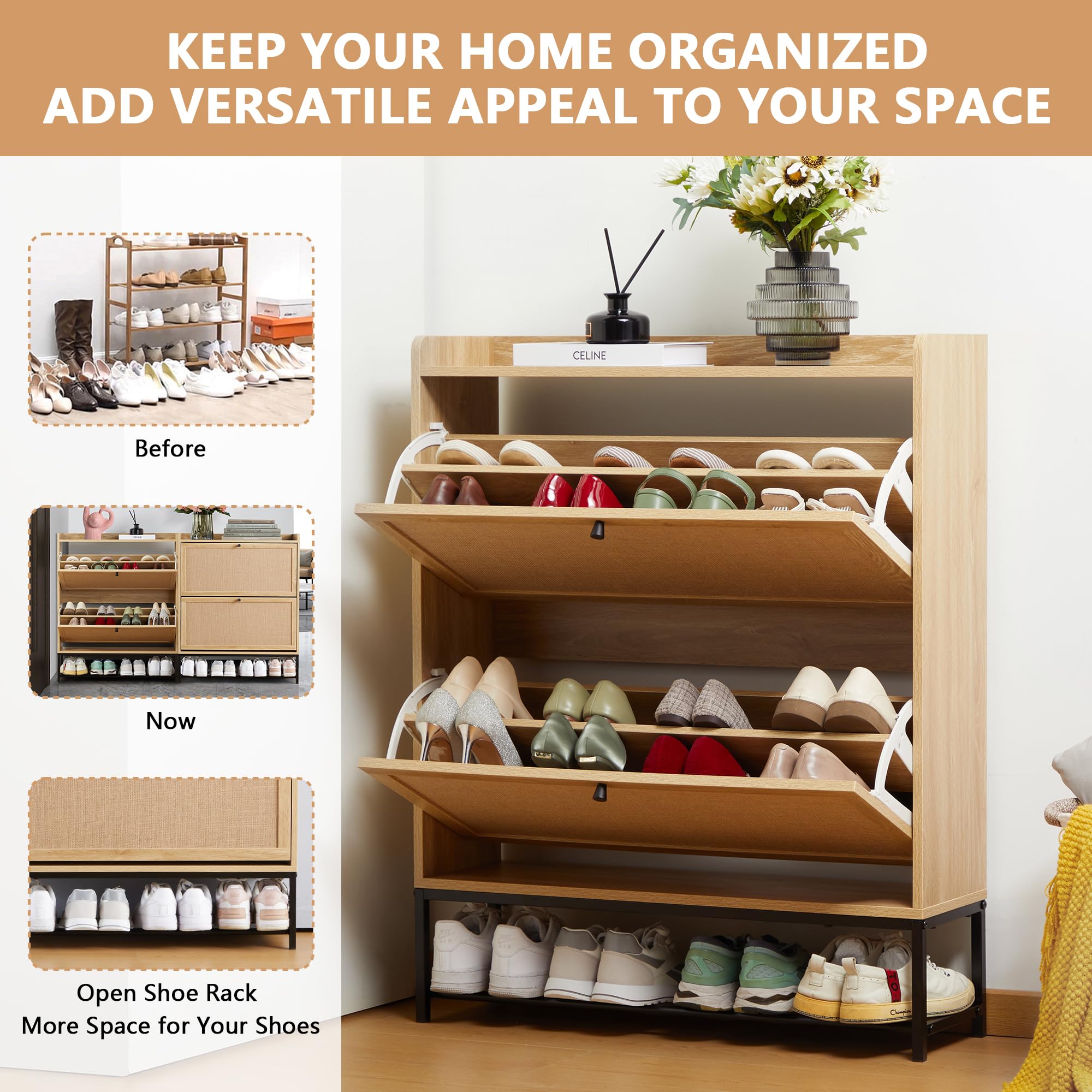 LEVNARY Wooden Shoe Storage Cabinet with 2 Flip Drawers - Narrow Freestanding Shoe Rack Organizer for Entryway & Hallway - Natural Oak Finish with Sturdy Metal Legs - Perfect for Small Spaces, Apartment Living & Closet Organization