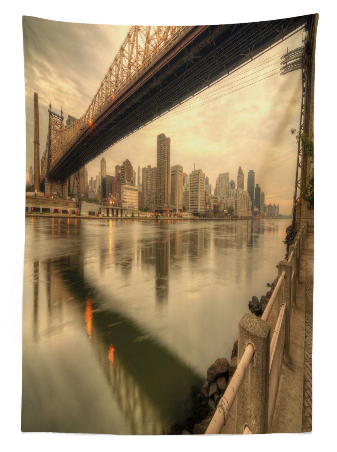 Ambesonne Washable Outdoor Tablecloth - Queensboro Bridge New York City Scenic Design, 58x120 Inches, Tan Eggshell - Perfect for Picnics, BBQs, and Outdoor Dining