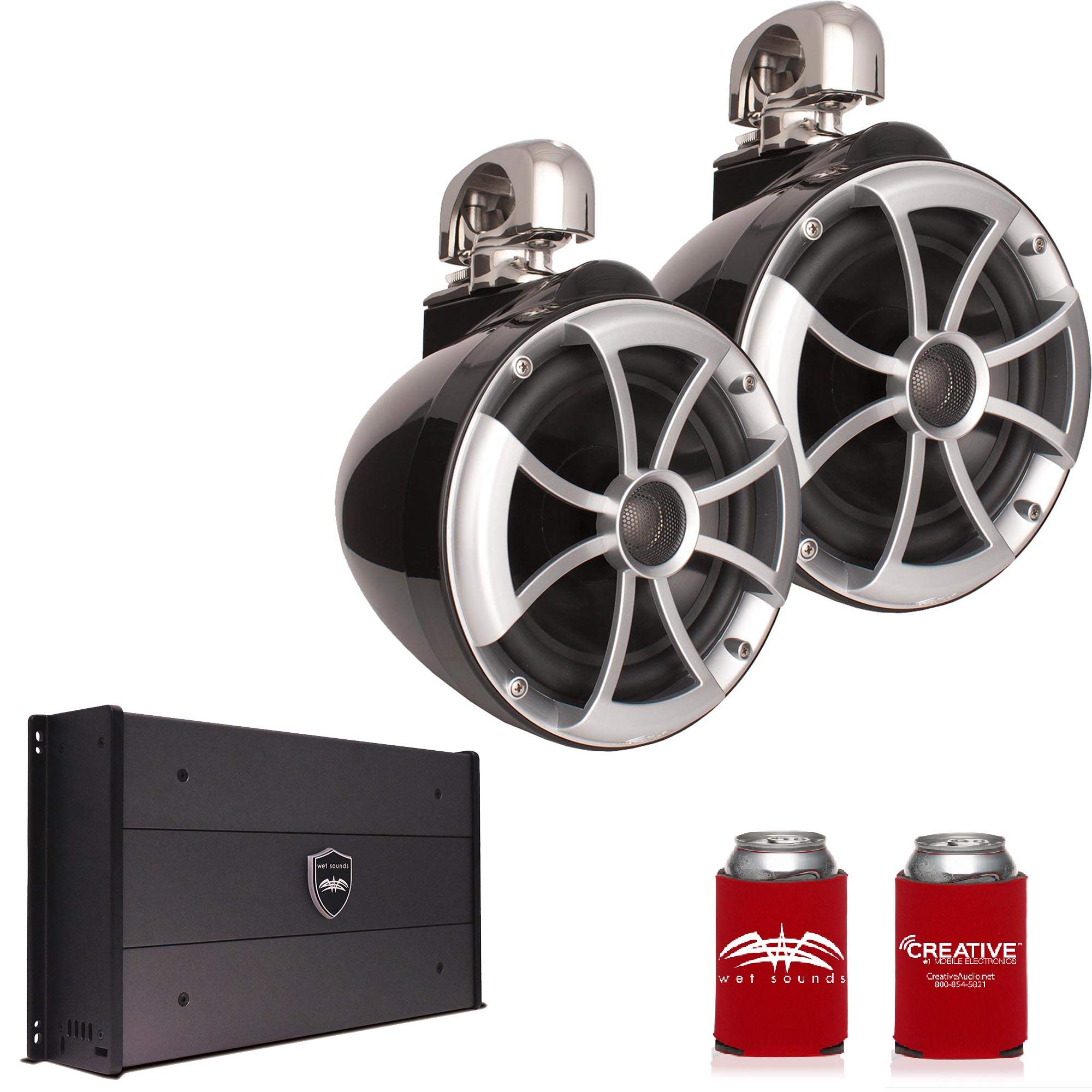 Wet Sounds ICON8B-SC 8-Inch Black Marine Tower Speakers with Stainless Steel Swivel Clamps & SYN-DX2.3 1200W Amplifier - Premium Waterproof Boat Audio System for Wakeboarding, Yachting, and Outdoor Marine Entertainment