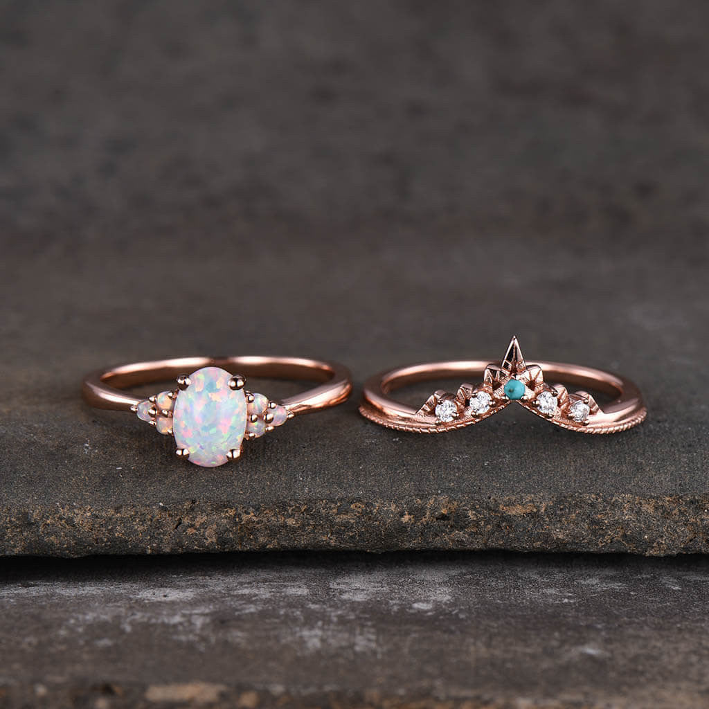 14k/18k Oval Opal Engagement Ring Set - Cluster Opal Bridal Jewelry for Wedding, Proposal & Anniversary Gifts
