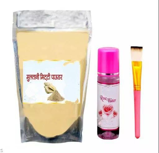 Natural Multani Mitti Clay Powder Face Mask (200g) with Rose Water & Applicator Brush - Pack of 3 | Deep Cleansing, Oil Control & Glowing Skin | DIY Skincare for Acne, Blackheads & Pore Minimizing