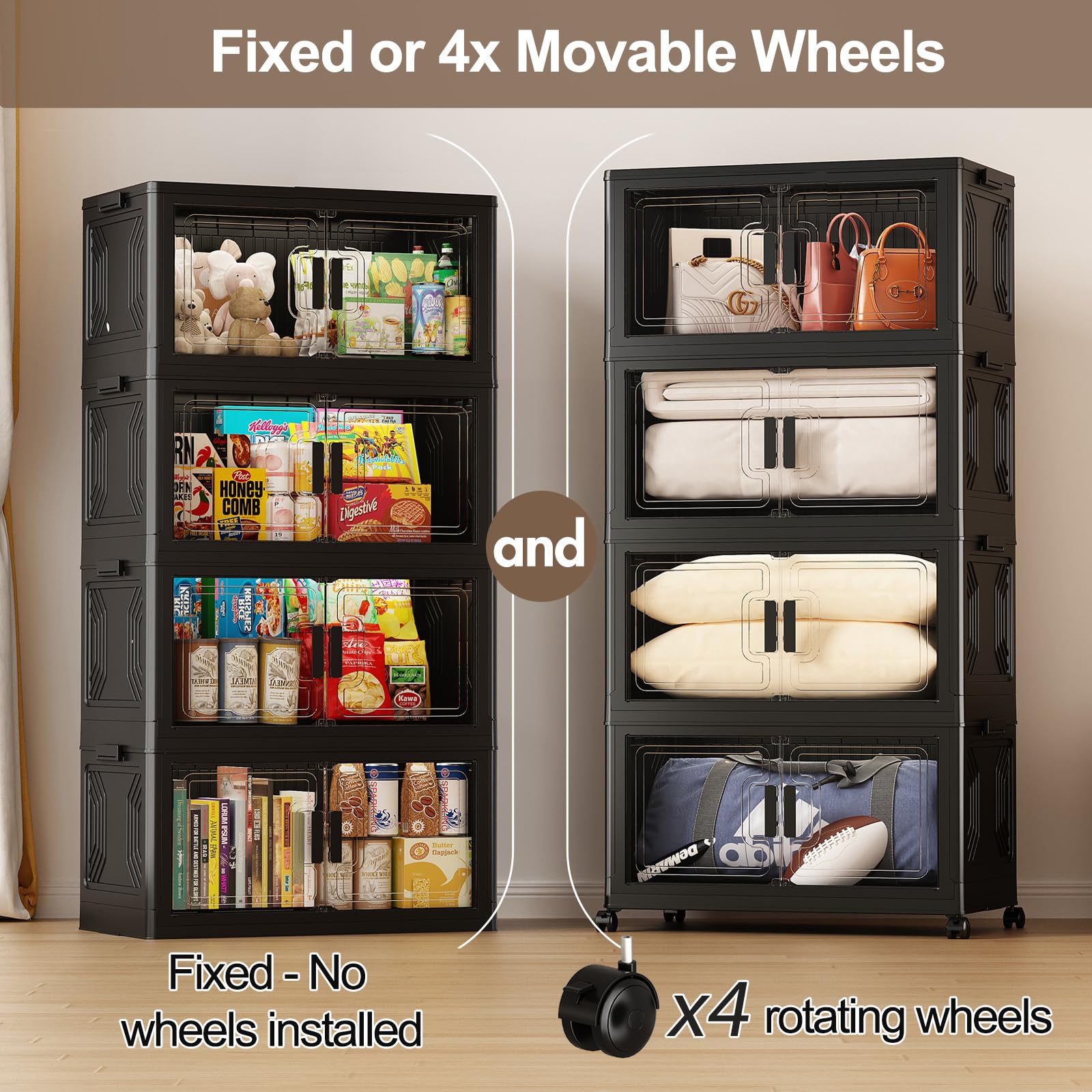 120 Gallon Stackable Storage Bins with Wheels & Lids - Collapsible Closet Organizers for Home, Office & Garage - Heavy Duty Plastic Storage Box Shelf for Clothes, Toys & Seasonal Items - Black (Set of 2) - Perfect for Space Saving Organization & Easy Mobility