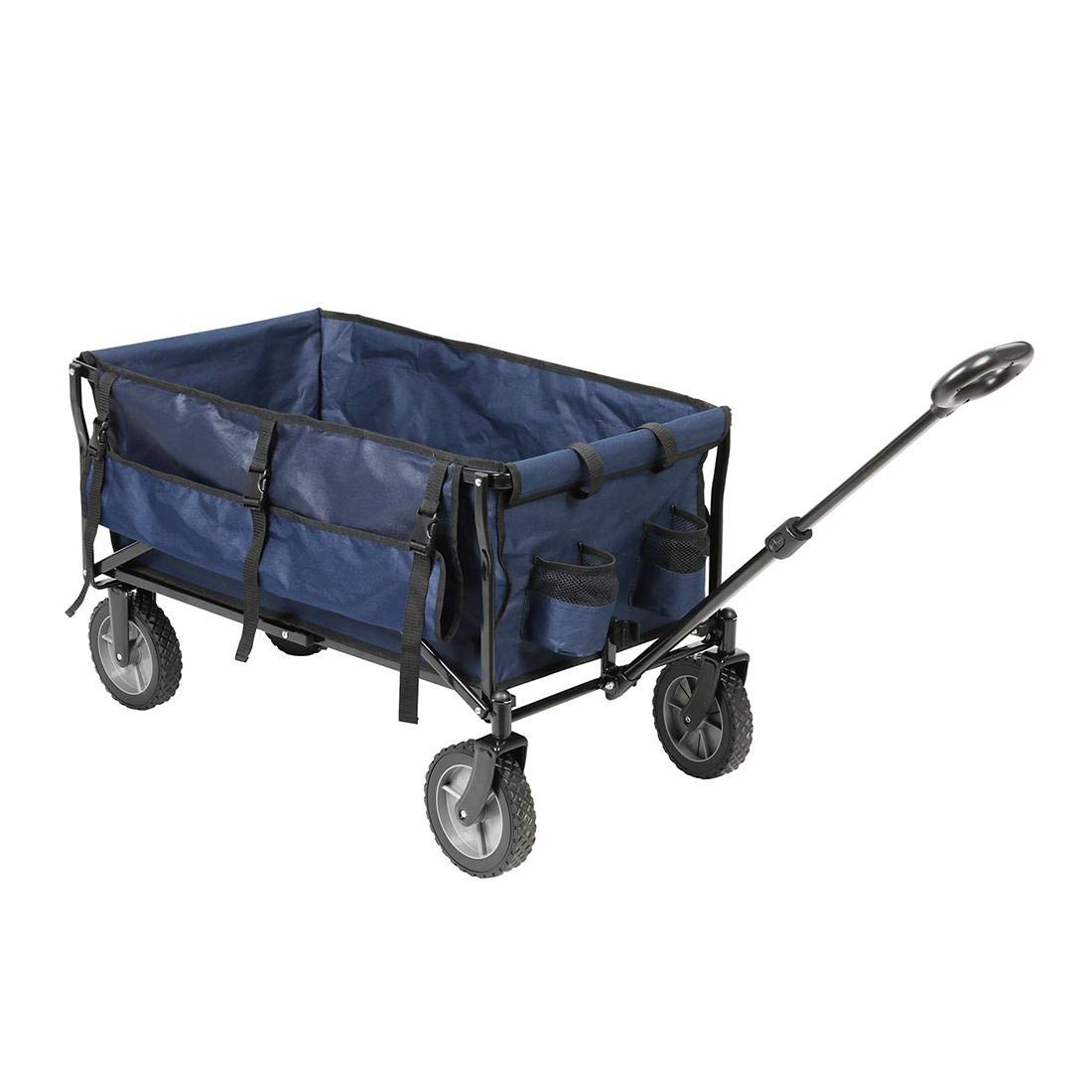 Foldable Wagon Cart with Removable Wheels, Cup Holders & Chair Storage - Navy Blue Collapsible Utility Wagon for Beach, Camping, Picnics & Outdoor Adventures