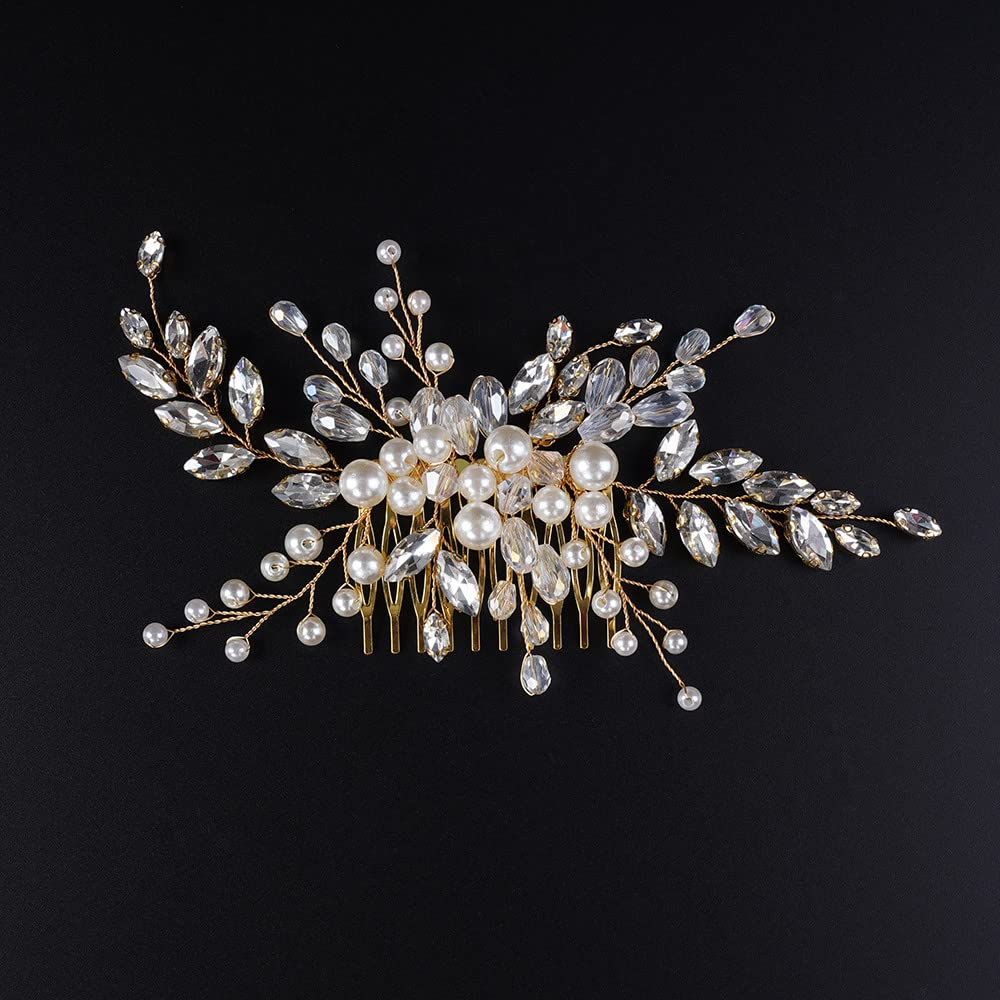 Jumwrit Bridal Hair Comb & Pearl Dangle Earrings Set - Handmade Rhinestone Wedding Hair Accessories for Women & Girls (Gold) | Perfect for Bridal Showers, Weddings & Special Occasions