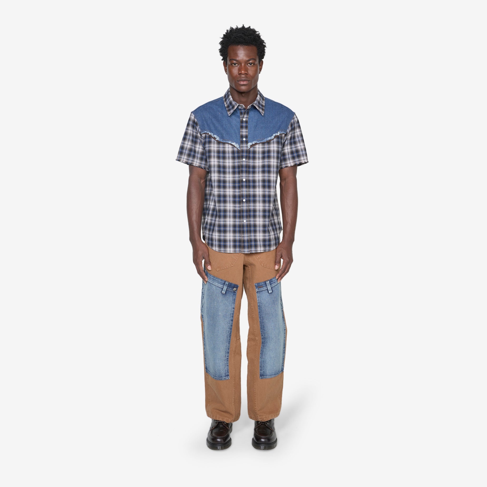 Men's Denim & Check Raw Cut Shirt in Blue - Casual Button Down Shirt for Streetwear and Everyday Outfits