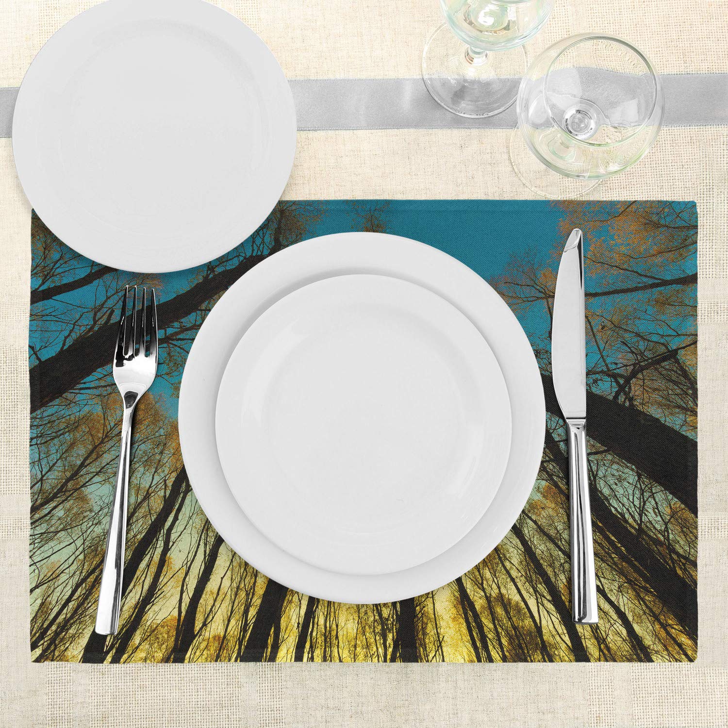 Ambesonne Forest Place Mats Set of 4 - Nature Scenery with Trees at Sunrise, Washable Fabric Dining Table Mats for Kitchen & Dining Room Decor in Yellow, Blue & Black | Perfect for Family Dinners, Outdoor Picnics & Holiday Gatherings