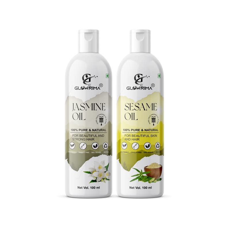 Glowrima 100% Pure Jasmine Oil & Sesame Oil Combo (100ML Each) - Promotes Rapid Hair Growth, Reduces Hair Fall, Repairs Split Ends for Softer & Shinier Hair - Perfect for Daily Hair Care & Scalp Massage (Pack of 2)