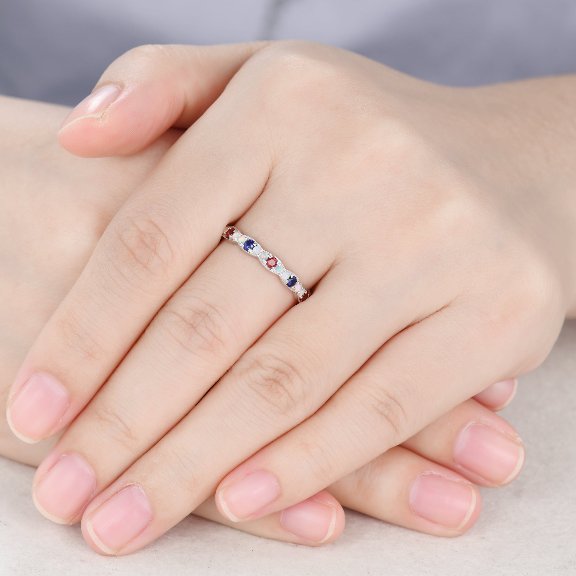 14k White Gold Opal Garnet Sapphire Birthstone Wedding Band - Full Eternity Ring for Anniversary, Engagement & Special Occasions