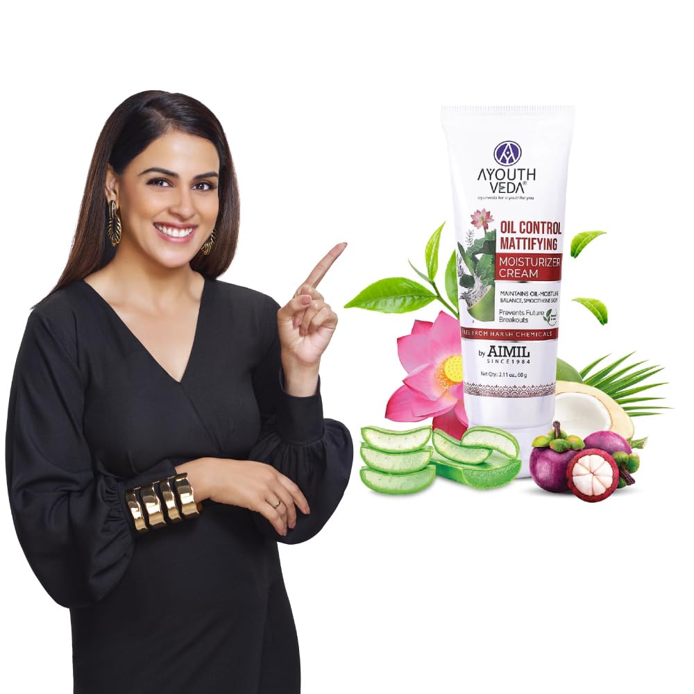 Ayouthveda Oil Control Mattifying Moisturizer Cream for Oily & Acne-Prone Skin - Green Tea, Aloe Vera & Coconut Water Formula to Reduce Redness & Breakouts - Hydrating & Smoothing Face Moisturizer (60g) | Perfect for Daily Skincare Routine & Makeup Prep