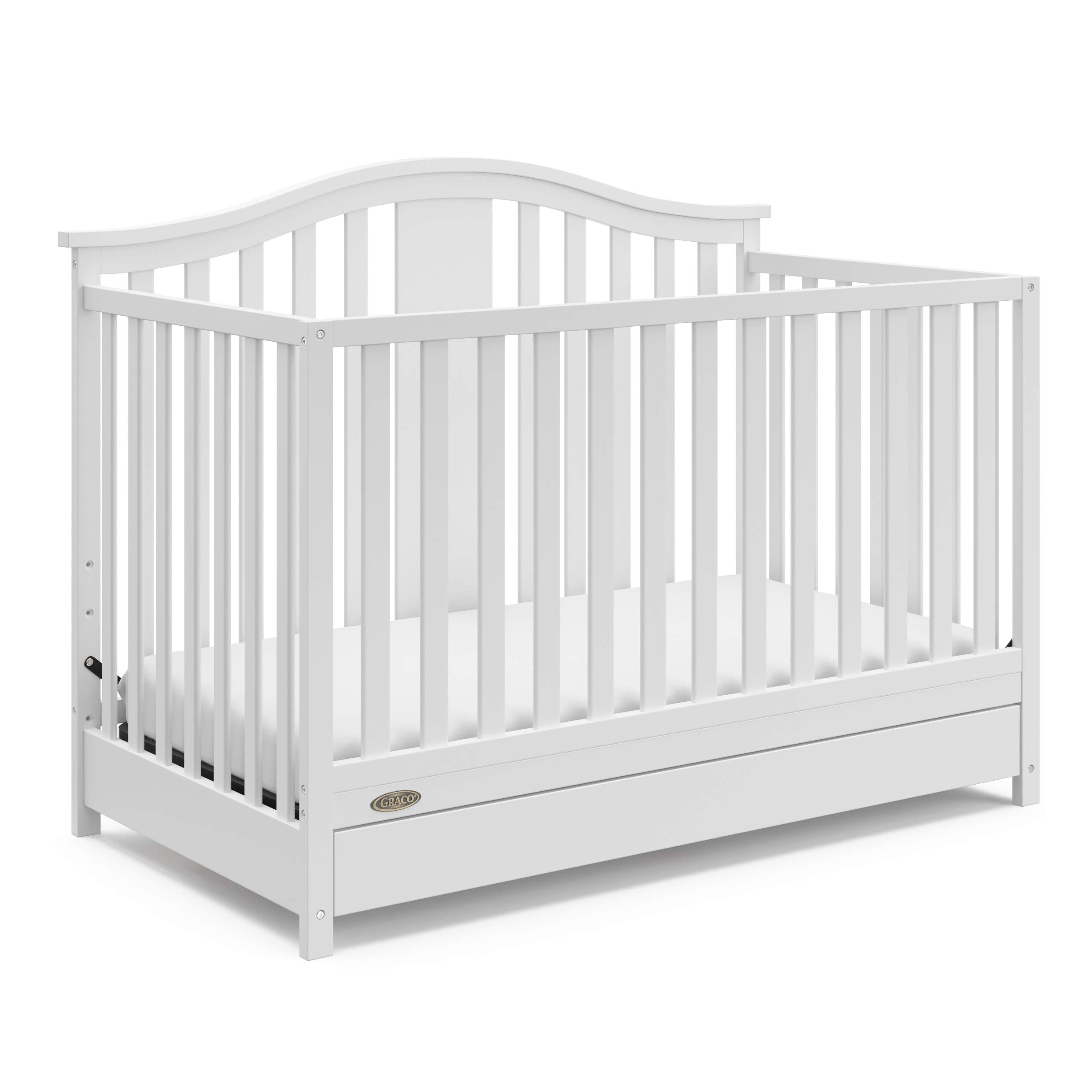 Graco Solano 4-in-1 Convertible Crib with Storage Drawer - GREENGUARD Gold Certified, White Nursery Furniture Converts to Toddler & Full-Size Bed | Safe Baby Crib for Nursery, Bedroom & Daycare Use