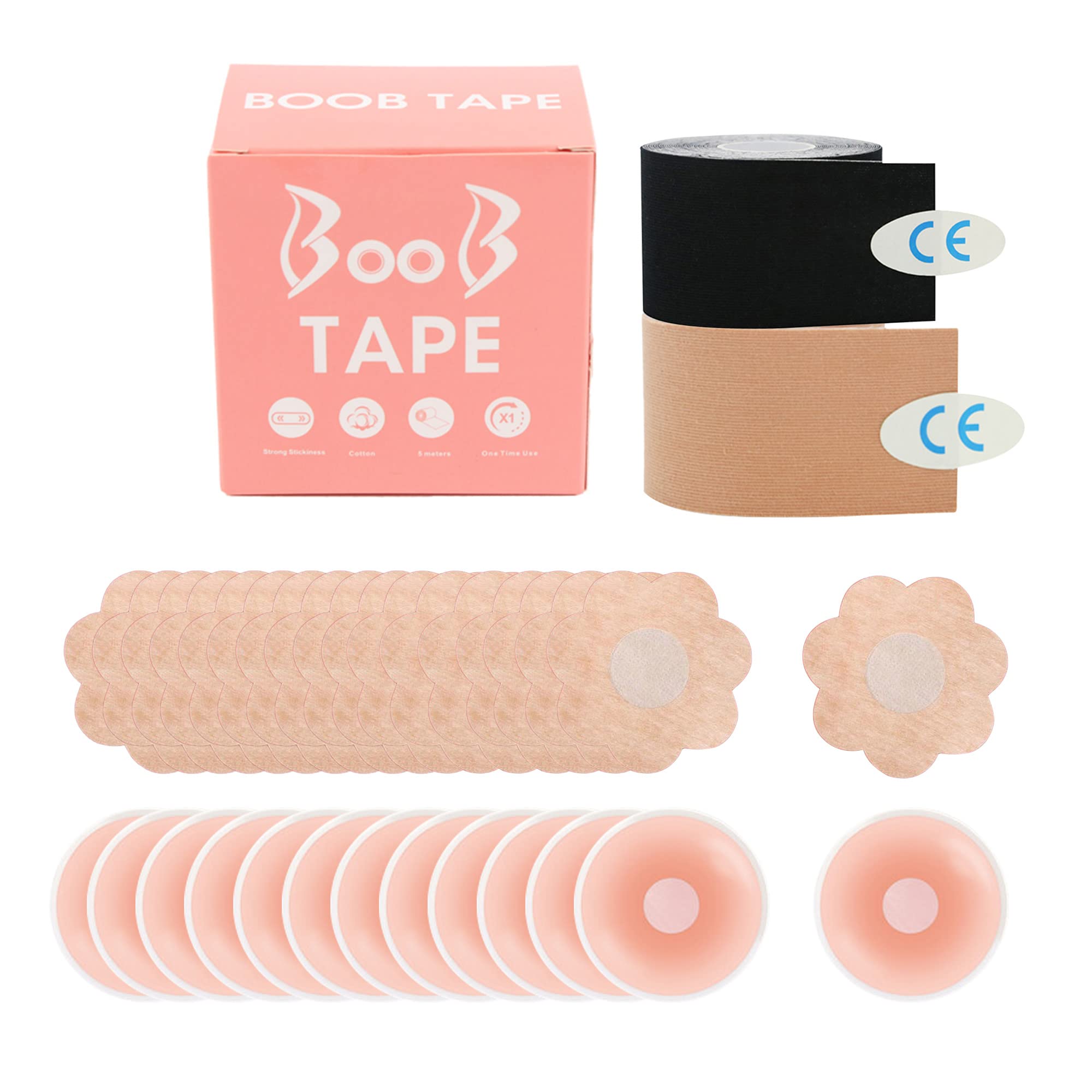Boob Tape Kinesiology Tape - Waterproof Body Tape for Sports & Breast Support - Elastic Therapeutic Physio Tape with 10 Petals (1 Roll, Black) - Perfect for Workouts, Dresses & Post-Surgery Support